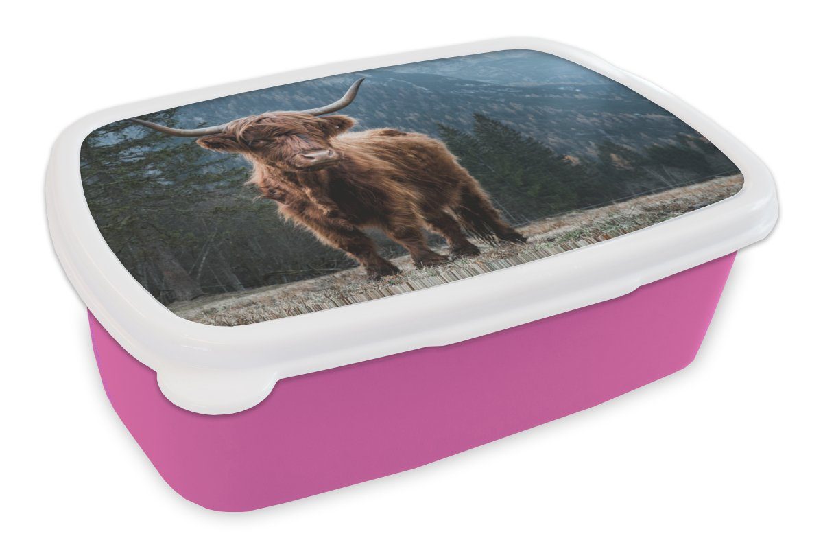 MuchoWow Lunchbox Schottische Highlander - Berg - Landschaft - Bäume - Kuh - Natur, Kunststoff, (2-tlg), Brotbox für Erwachsene, Brotdose Kinder, Snackbox, Mädchen, Kunststoff rosa | Lunchboxen