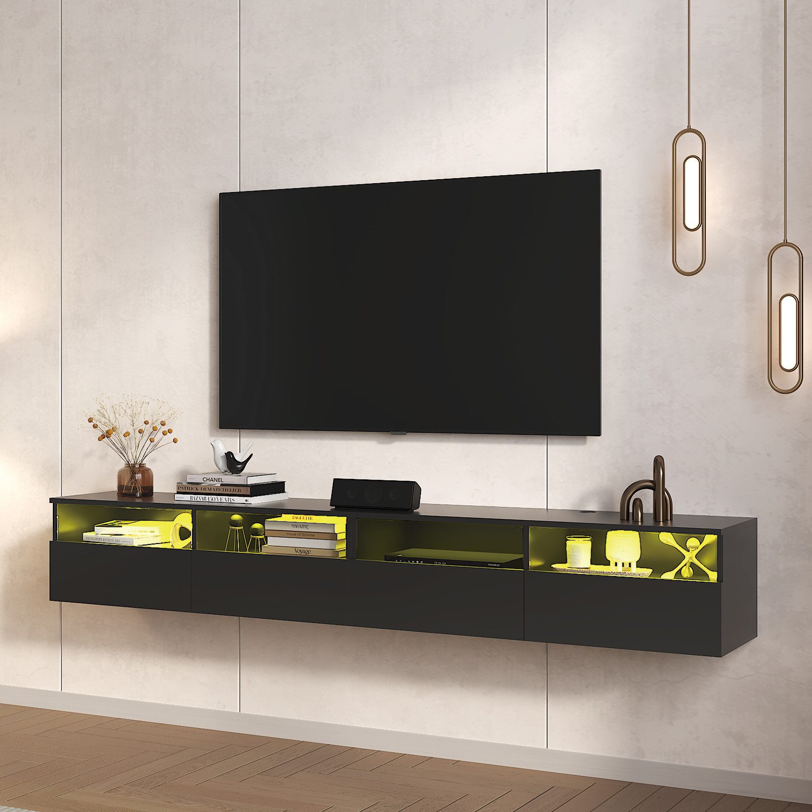 radelldar Lowboard mit LED-Beleuchtung, TV-Schrank, hängend (2 St), 200 cm breit, griffloses TV-Board, 4 Schubladen mit Acryl