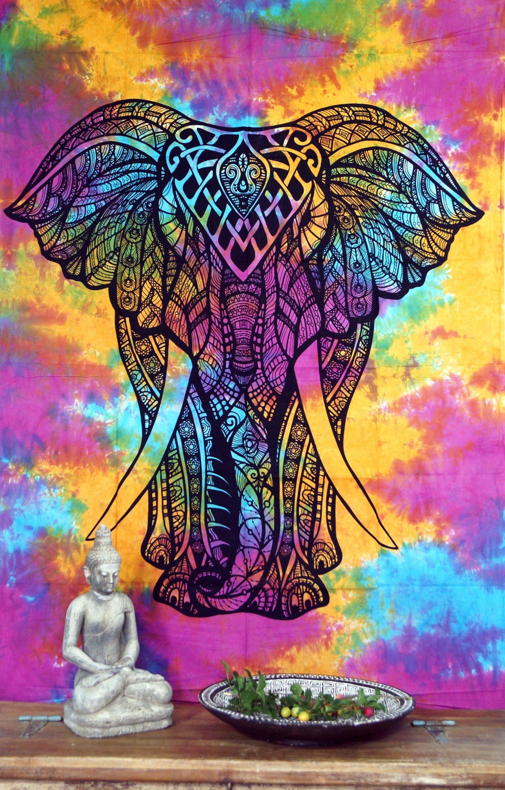 Tagesdecke Boho-Style Wandbehang, indische Tagesdecke -.., Guru-Shop Chakra Yogi Elefant / Regenbogen