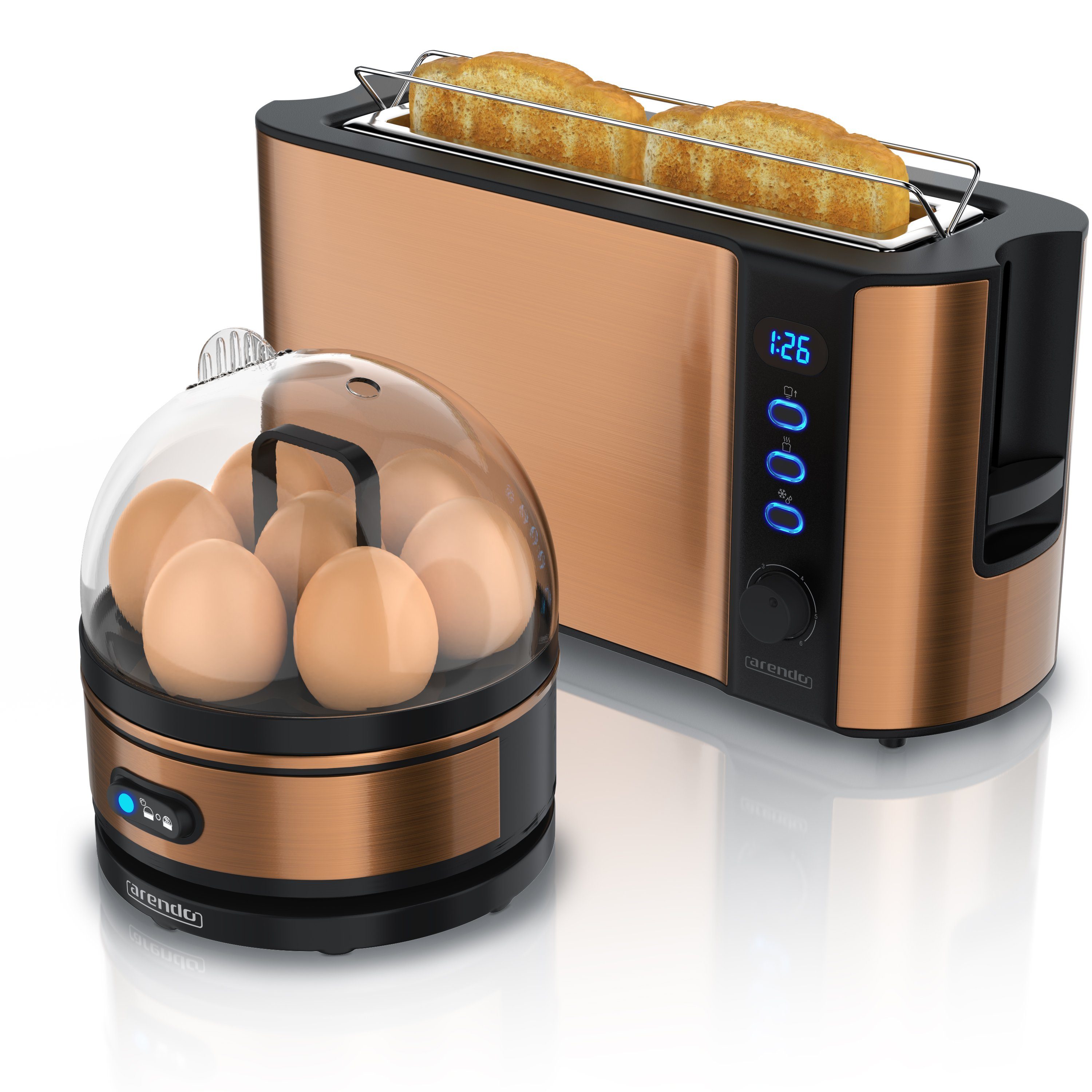 Frühstücks-Set Toaster, 7er Eierkocher, Arendo 2-Scheiben Langschlitz (2-tlg), Kupfer