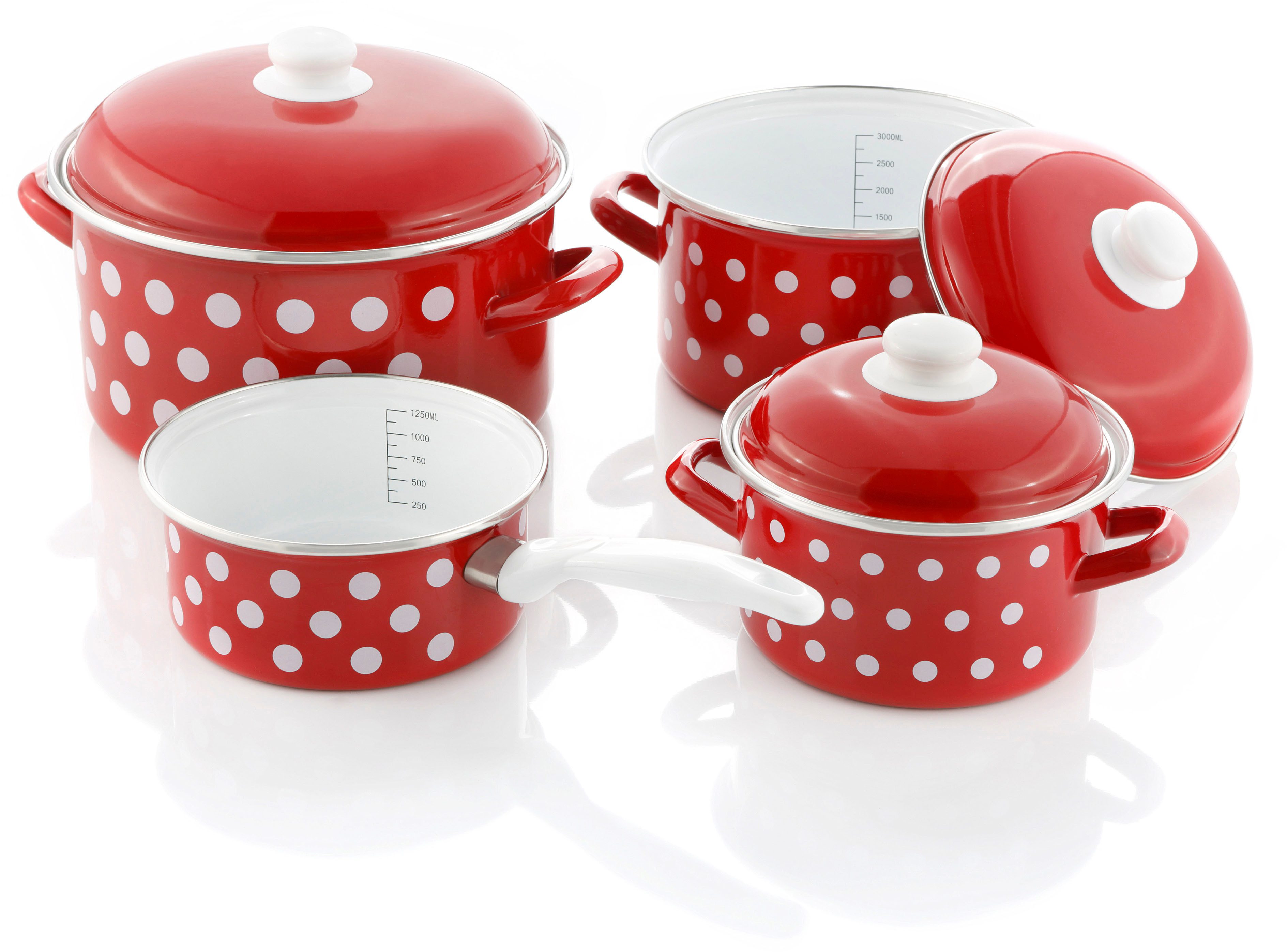 GSW Topf-Set, Stahl-Emaille (Set, 7-tlg., je 1 Kochtopf Ø 16/20/24 cm, 1x Stielkasserolle Ø 16 cm), Induktion