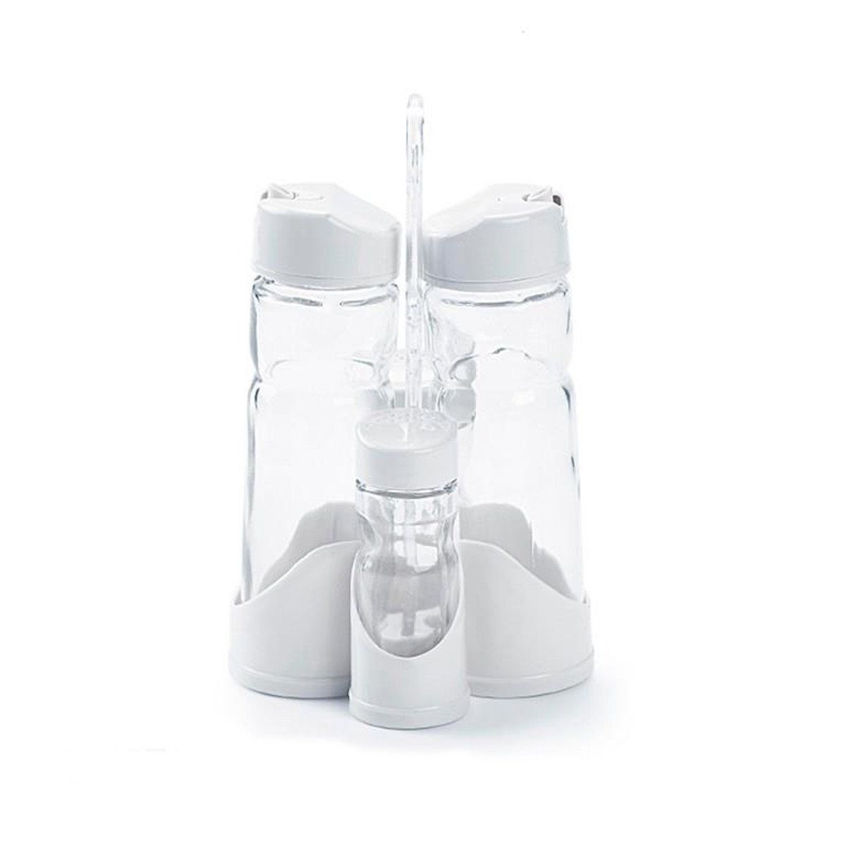 Sanixa Menage-Set Gewürzstr euer Essig & Öl Set Weiß Glas Kunststoff inkl. Halter Tisch, (Essigspender Ölspender Salzstreuer Pfefferstreuer, 5-tlg., 4 tlg. Set inkl. Halter), Modern rund Essig Öl Salz Pfeffer Spender Dosierer