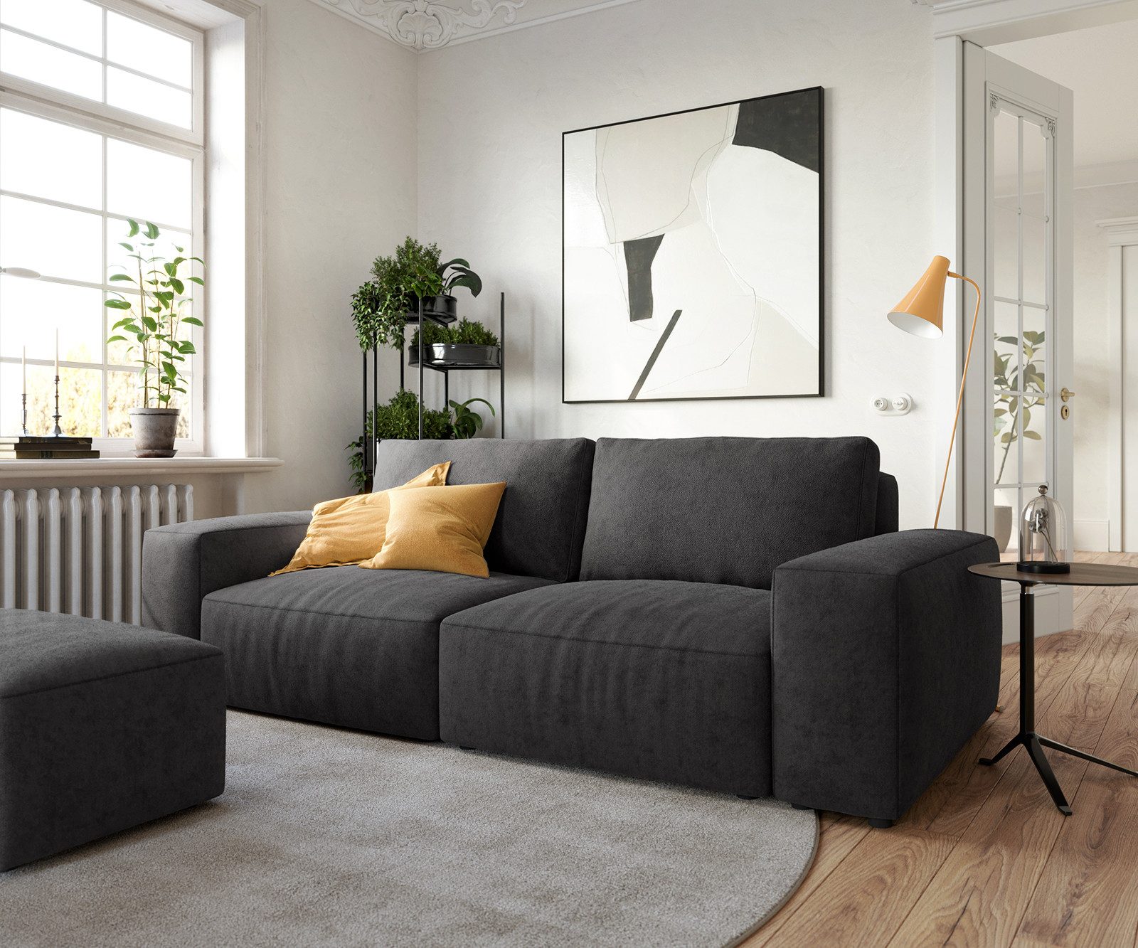 DELIFE Big-Sofa Lanzo, Mikrofaser Schwarz 230x95 cm mit Hocker