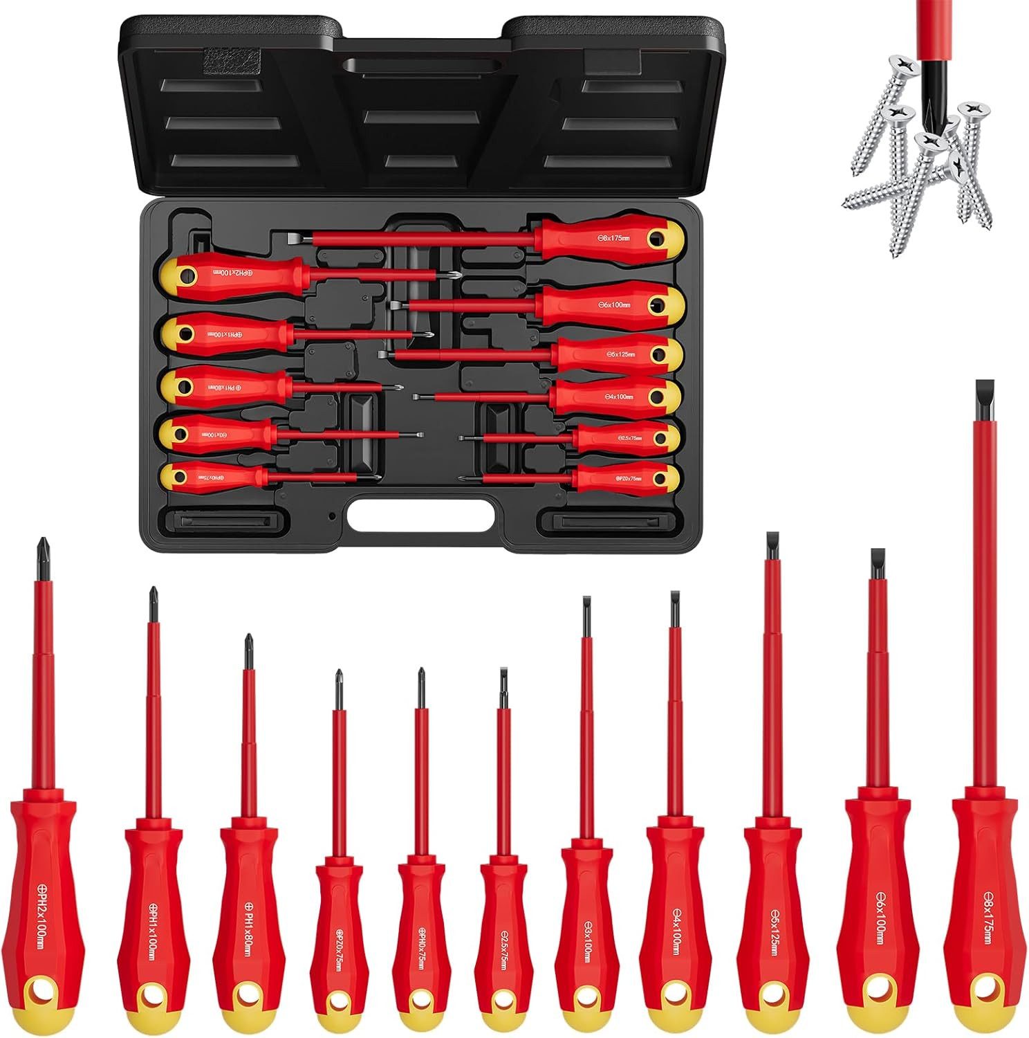 Walter Stahl Germany control Schraubendreher 11-teilig Isoliertes Elektriker-Schraubendrehersatz, (Set, 11 St., 11-teiliges lsolierte Schraubendreher set), rutschfeste griffe, magnetische Spitzen und professioneller Koffer