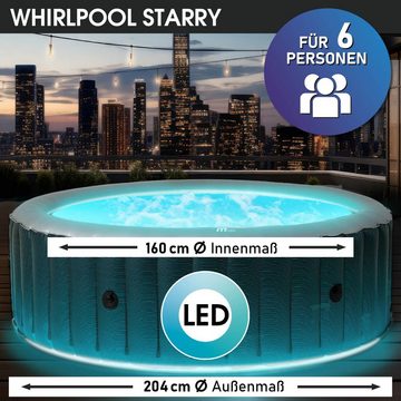 BRAST Whirlpool aufblasbar MSpa Starry mit LED-Beleuchtung für 6 Personen Ø204x70cm, (In- Outdoor Pool 138 Massagedüsen Energiespar-Timer Heizung), Aufblasfunktion per Knopfdruck Bubble Wellness Massage