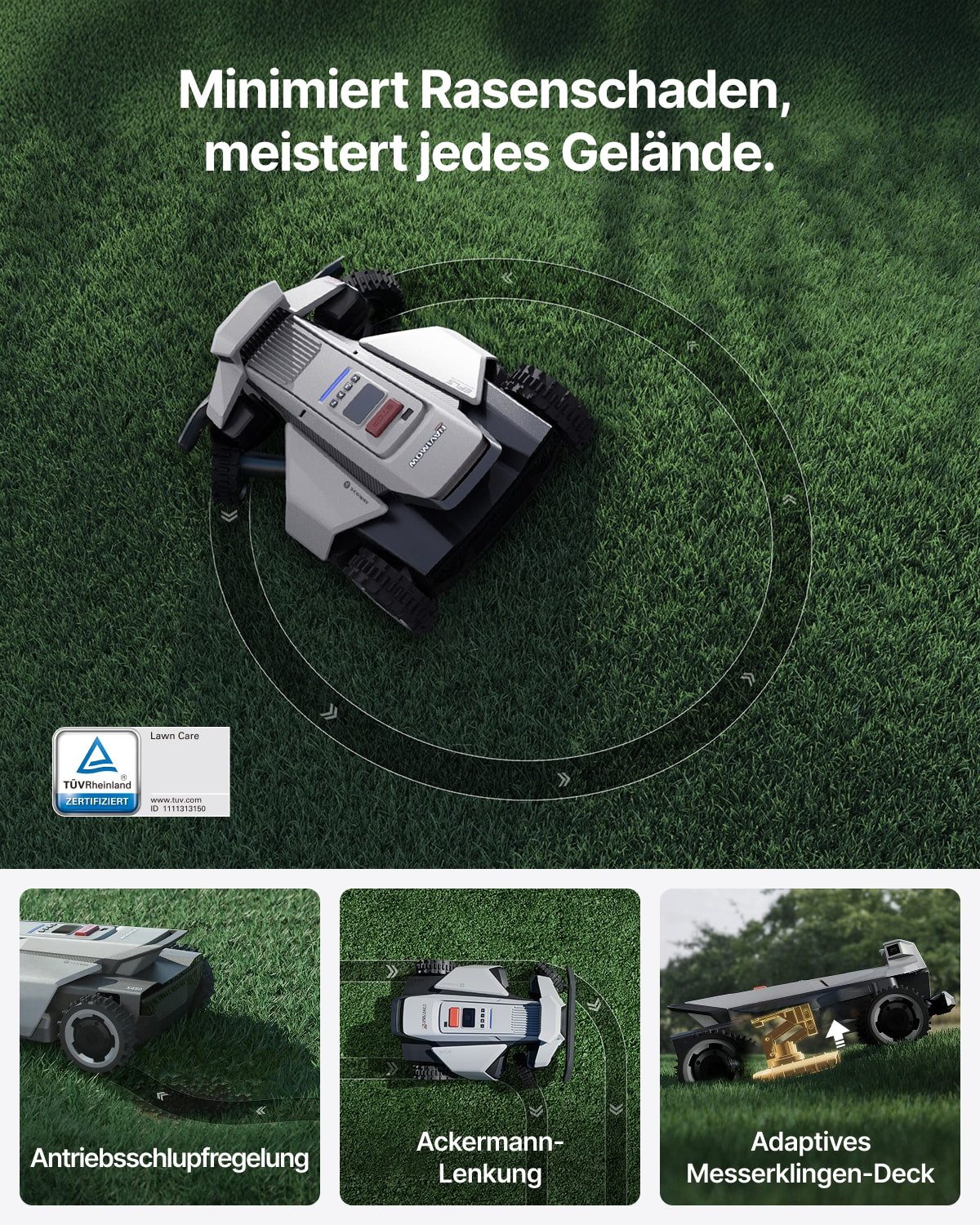 NAVIMOW Rasenmähroboter Segway X420 Mähroboter ohne Begrenzungskabel, bis 2000 m² Rasenfläche, (1-St., Zero-Turn AWD für 84 % Steigungen, NRTK+360° Vision), All-Terrain-Rasenmäher Roboter, Keine RTK-Basisstation