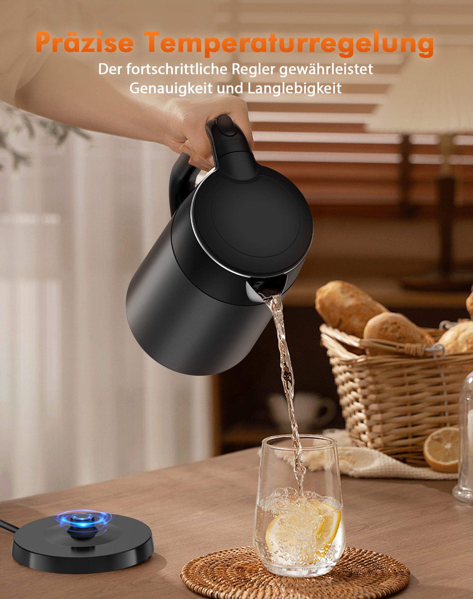 Fofile Wasserkocher 1,7L 2200W Edelstahl Wasserkocher mit Temperatureinstellung, 2200 W, 40°-100°C einstellbar, 2 Stunden Warmhaltefunktion