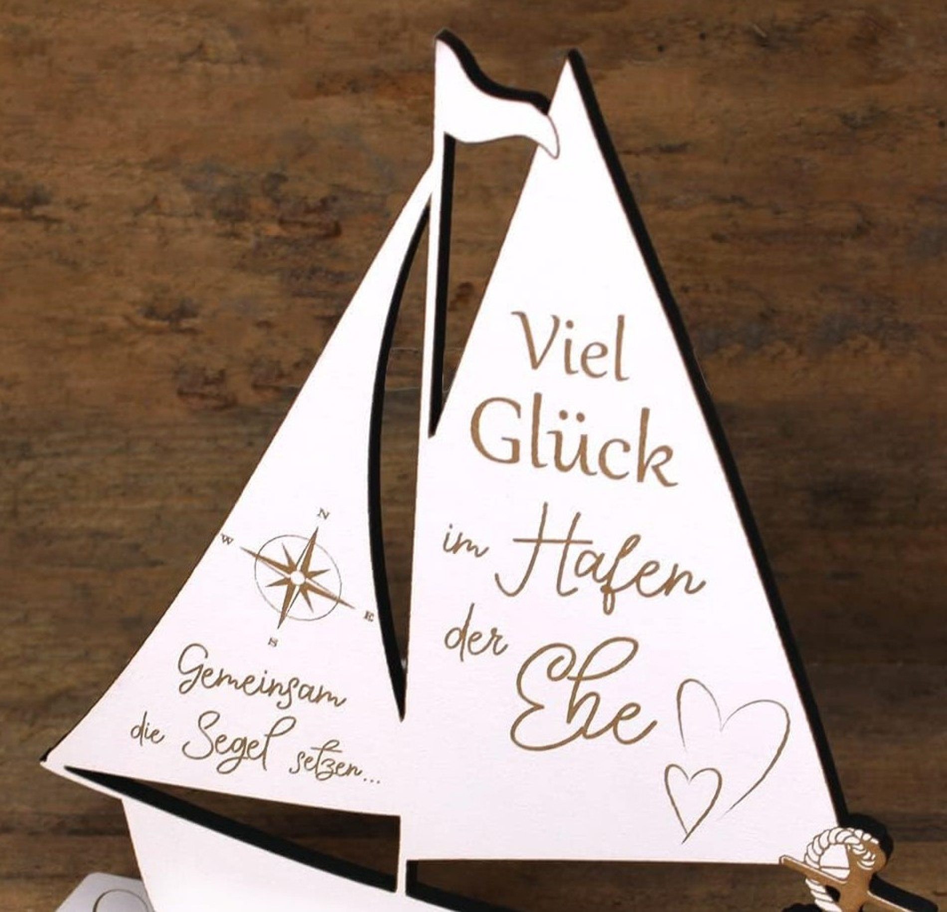 Dekolando Dekoobjekt Geldgeschenk zur Hochzeit Schiff - Viel Glück im Hafen der Ehe (2-teilig, Weiß), HDF – Bild 5 von 5