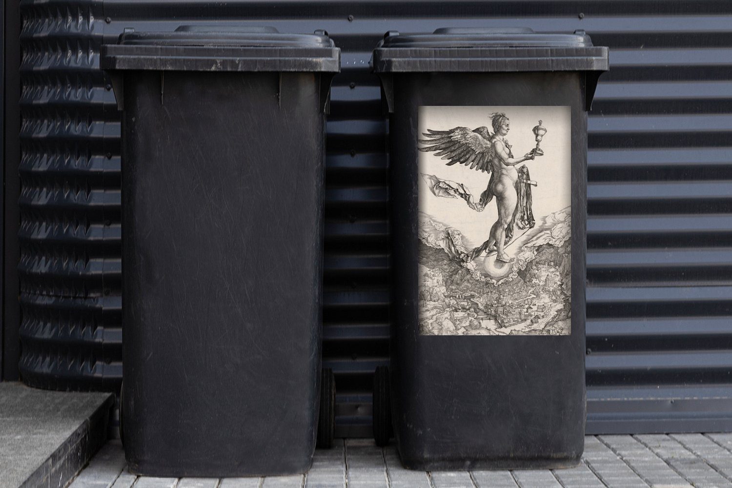 MuchoWow Wandsticker Nemesis Container, von Mülltonne, - Mülleimer-aufkleber, Dürer Albrecht (1 Sticker, Gemälde Abfalbehälter St)
