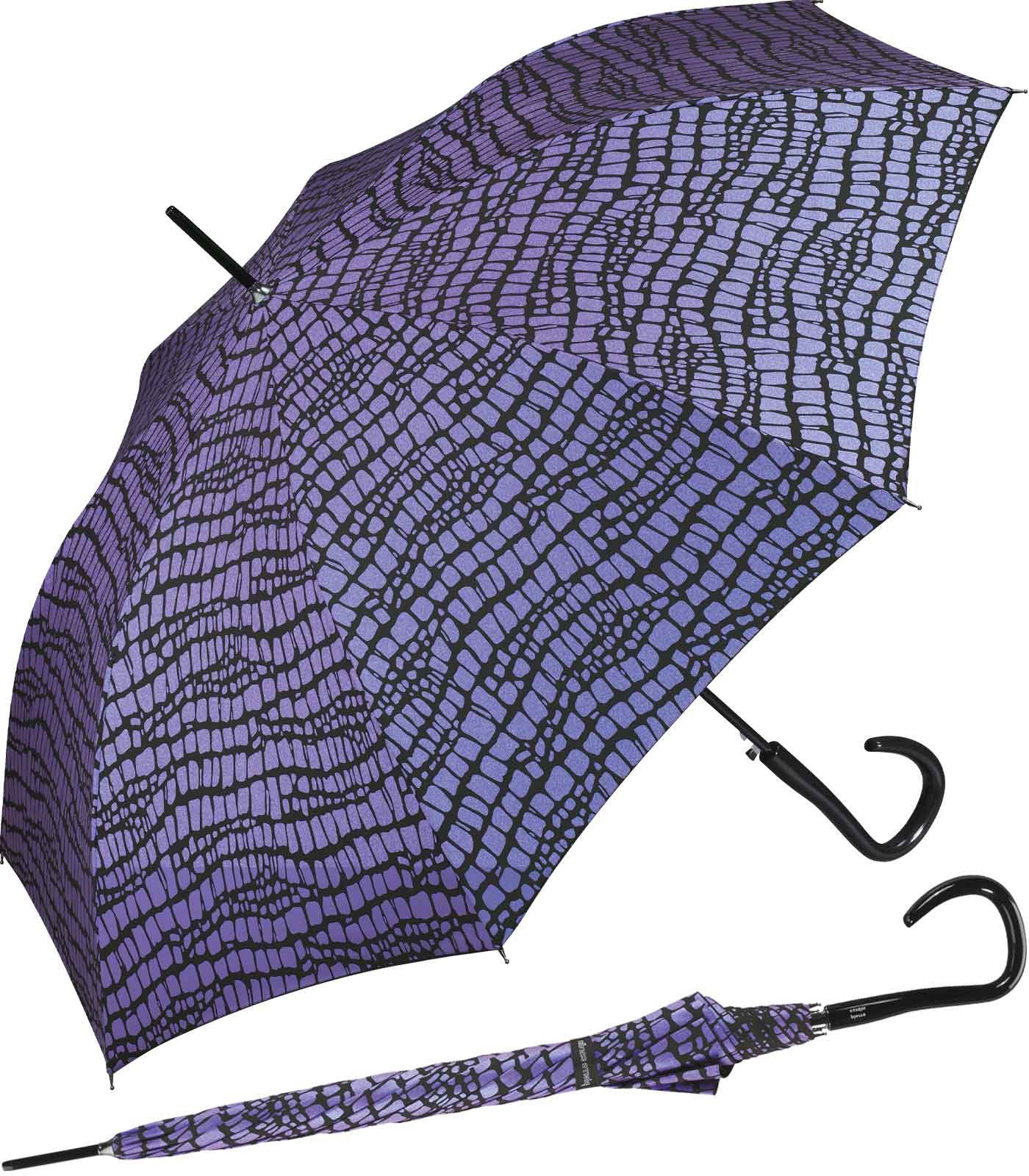 Pierre Cardin Langregenschirm großer Damen-Regenschirm mit Auf-Automatik, Krokodil-Optik für den Regenschirm lila-schwarz