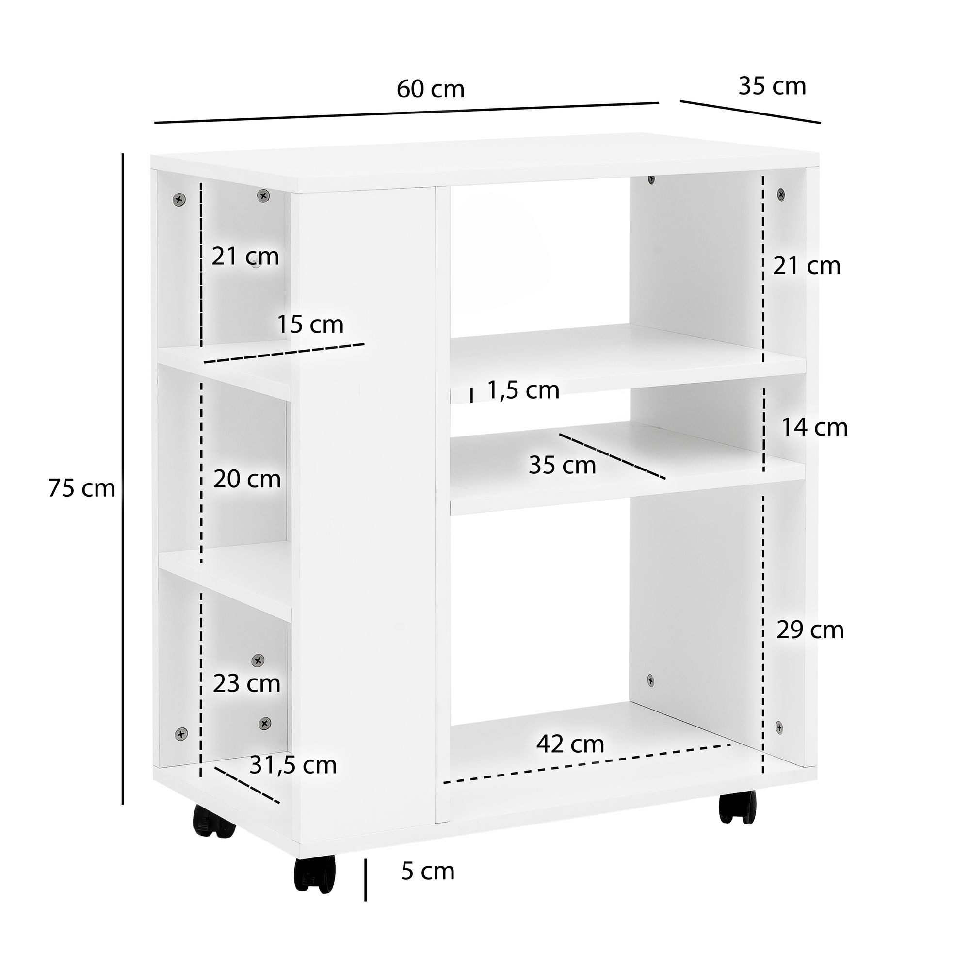 FineBuy Regal 60x35x75 cm Regalwagen mit Rollen Holz, Schmales Küchen-Regal, Telefontisch Rollwagen Modern, Bücher-Regal schmal Standcontainer Hoch – Bild 3 von 5