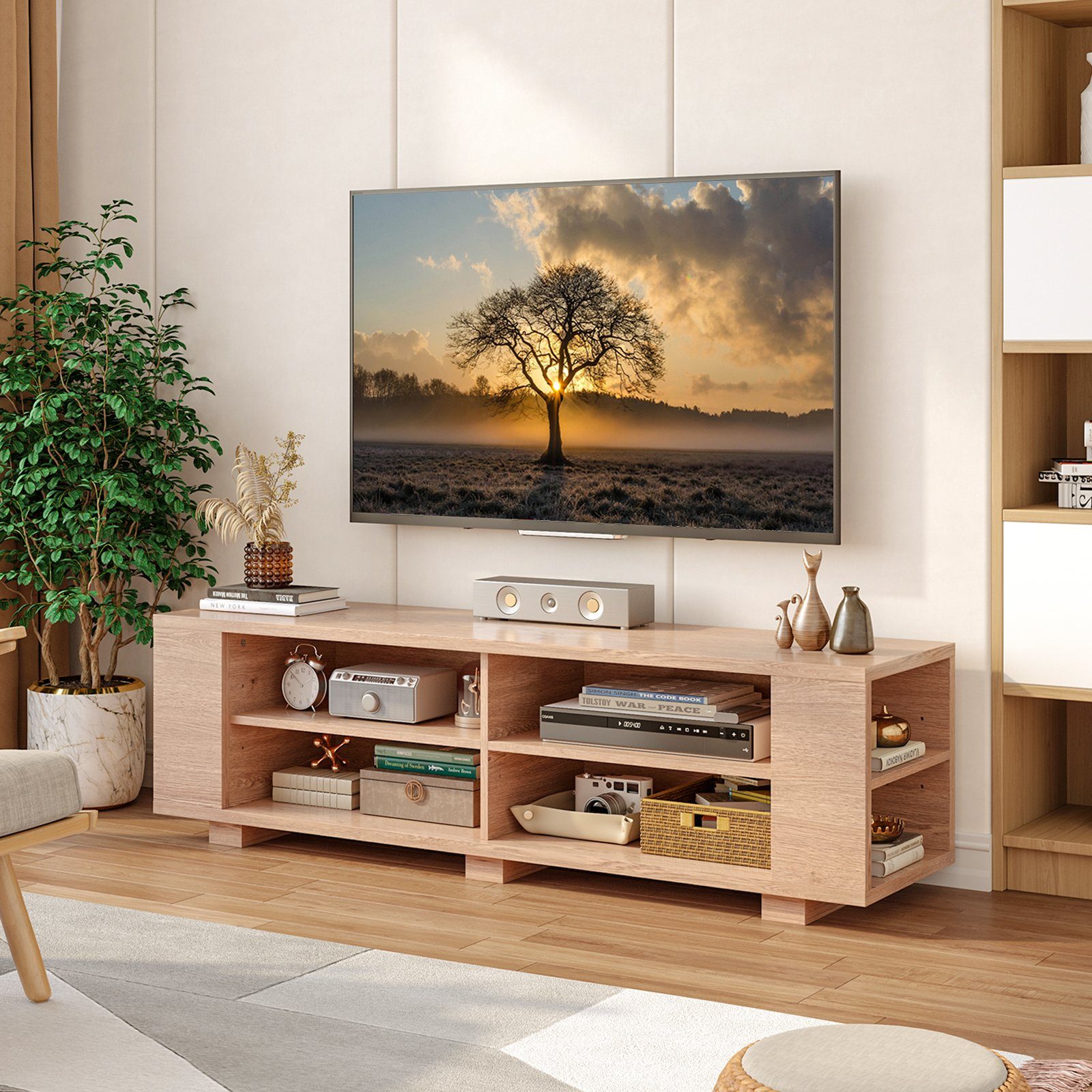 mit offenen TV-Schrank 150cm Natur Holz, Fächern, verstellbaren Regalen, COSTWAY 8