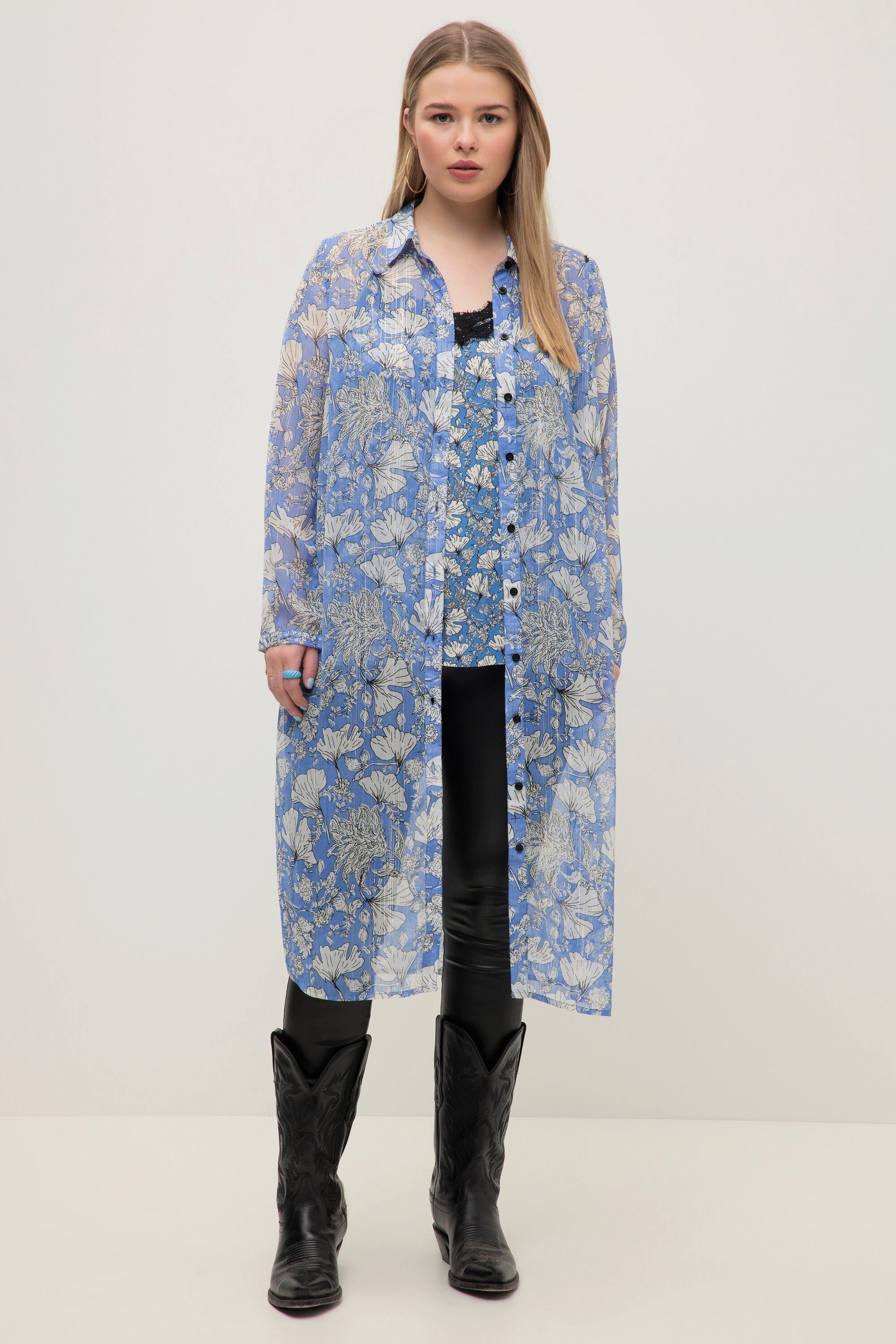 Longbluse Longbluse Chiffon Flower Print Hemdkragen Langarm