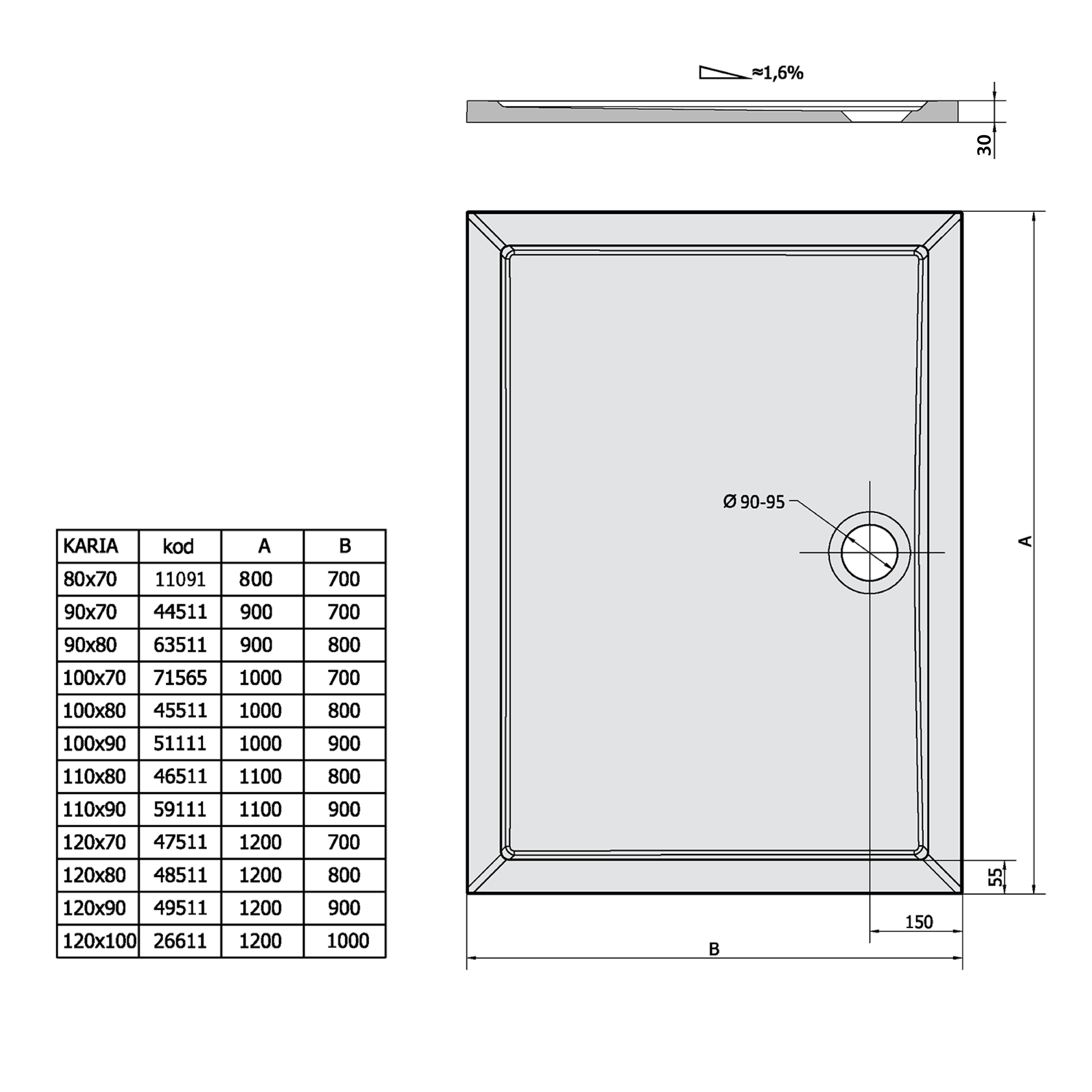 Polysan s.r.o. Duschwanne KARIA Gussmarmor-Duschwanne, Rechteck 90x80cm, weiß, Rechteckig, Polysan-63511