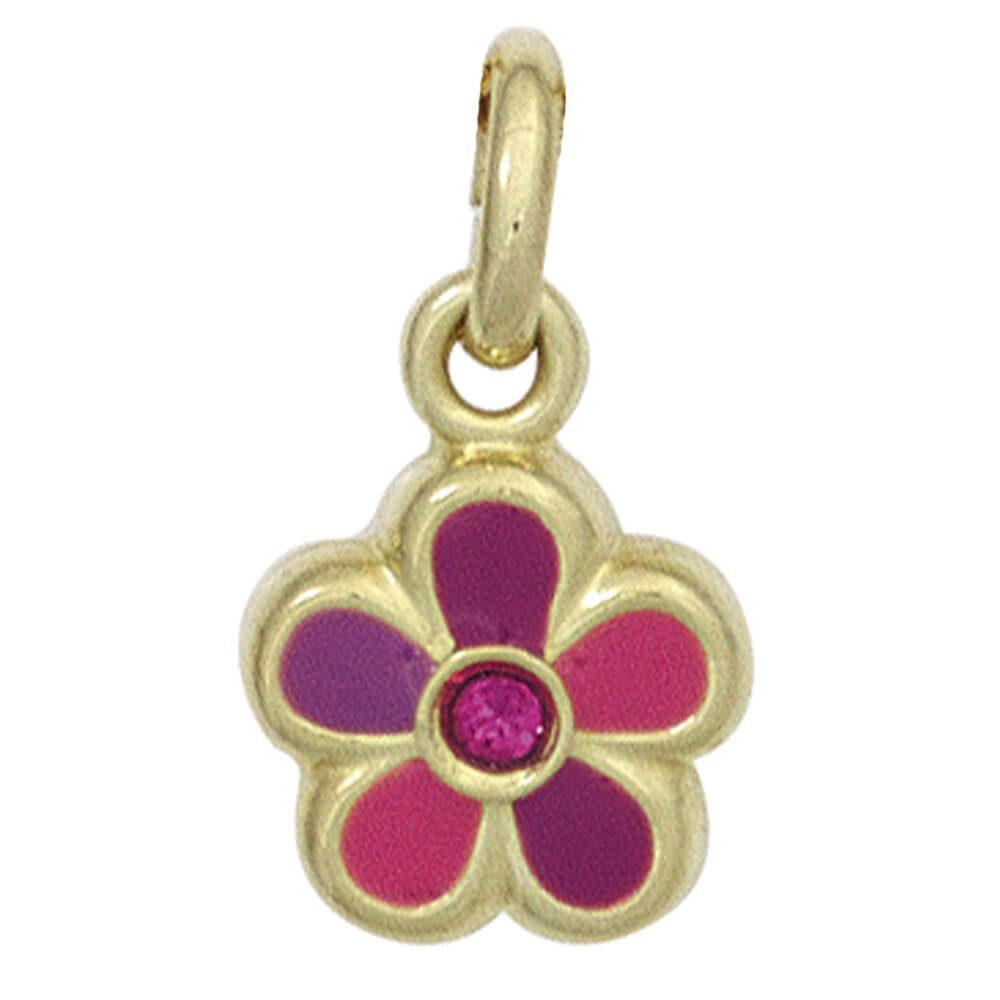 Schmuck Krone Kettenanhänger Anhänger Blume Blümchen aus 333 Gold Gelbgold  rot pink lackiert Kinder, Gold 333