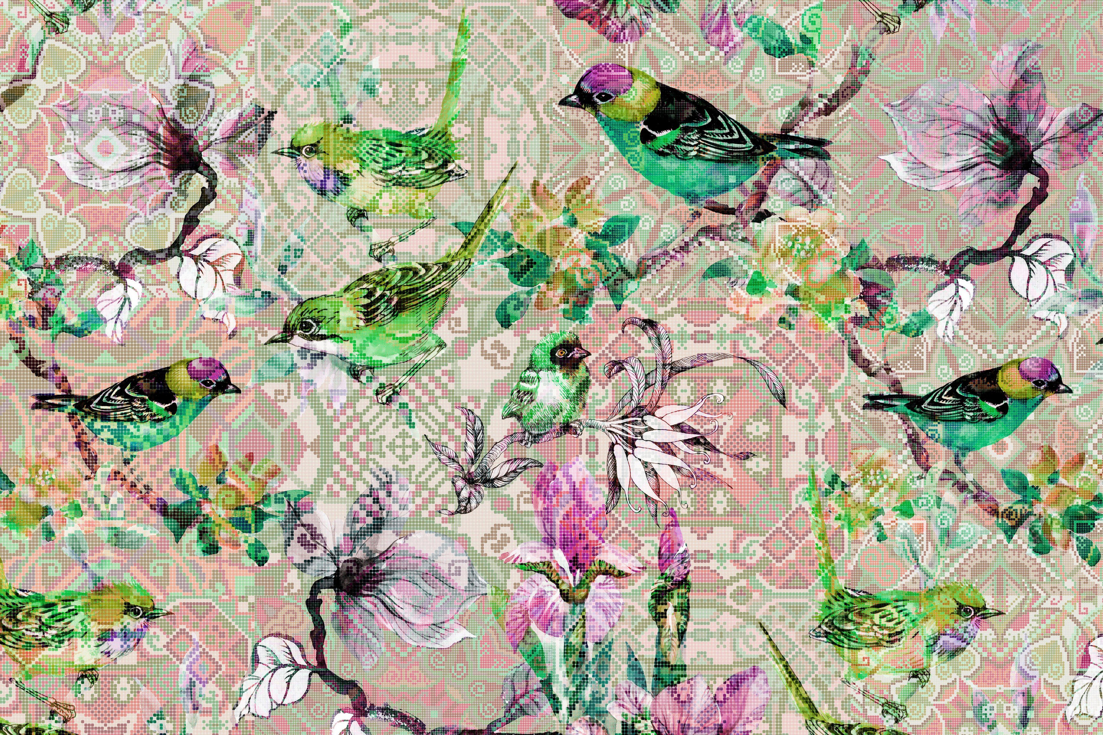 Mosaik A.S. St), Blumen Floral Vögel Bild rosa, birds, grün, Création mosaic Vögel schwarz (1 Keilrahmen Leinwandbild