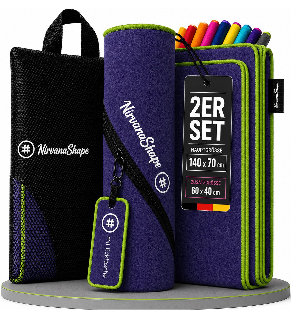 NirvanaShape Reisehandtuch Mikrofaser Handtücher [2er SET] Badehandtuch Reisehandtuch Strandtuch, Ecktasche mit Reißverschluss, saugfähig, leicht, schnelltrocknend