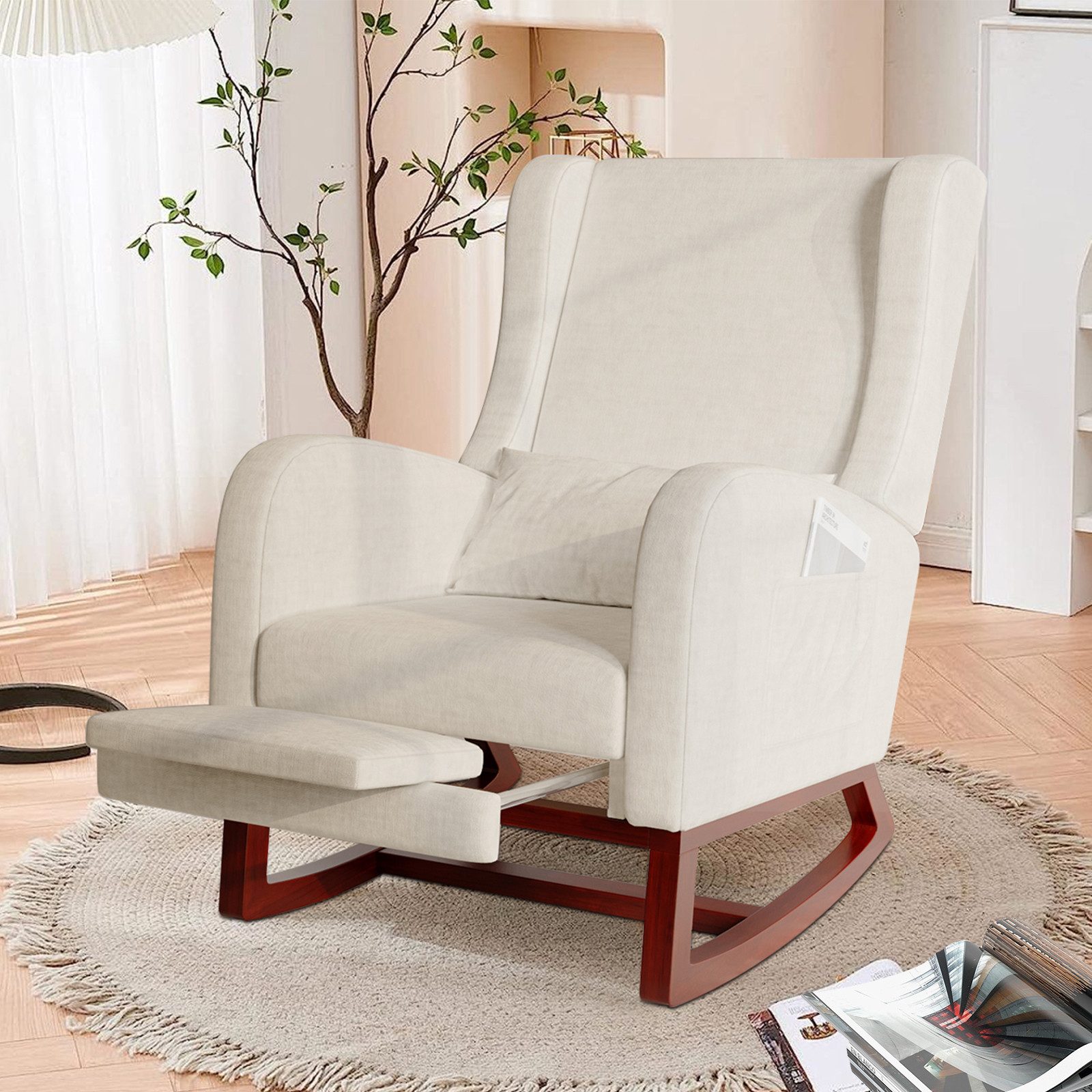 FUROKOY Schaukelstuhl Relaxsessel Stillsessel mit Holzsockel Fußstütze (Set, 1 St), Schaukelsessel,Leinenstoff,2 Seitentaschen,1 Lendenkissen,Beige