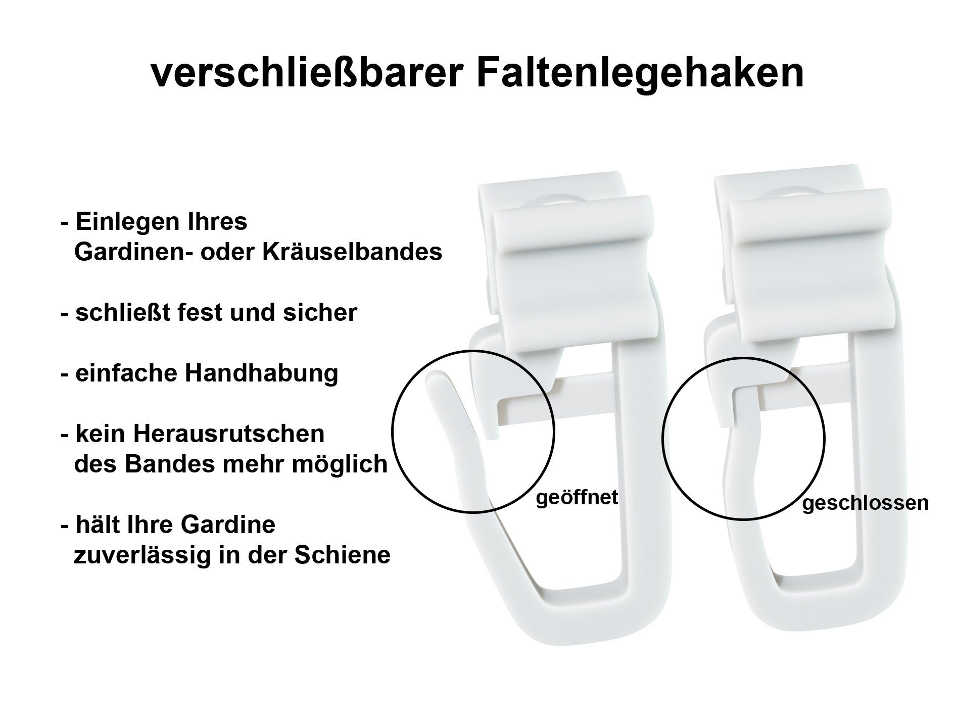 dekohaken24.de Gardinengleiter X-Gleiter/Gardinengleiter/Faltengleiter in weiß, für Gardinenschienen mit 6mm breiten Profilschlitzen, (100-St), mit verschließbarem Faltenlegehaken