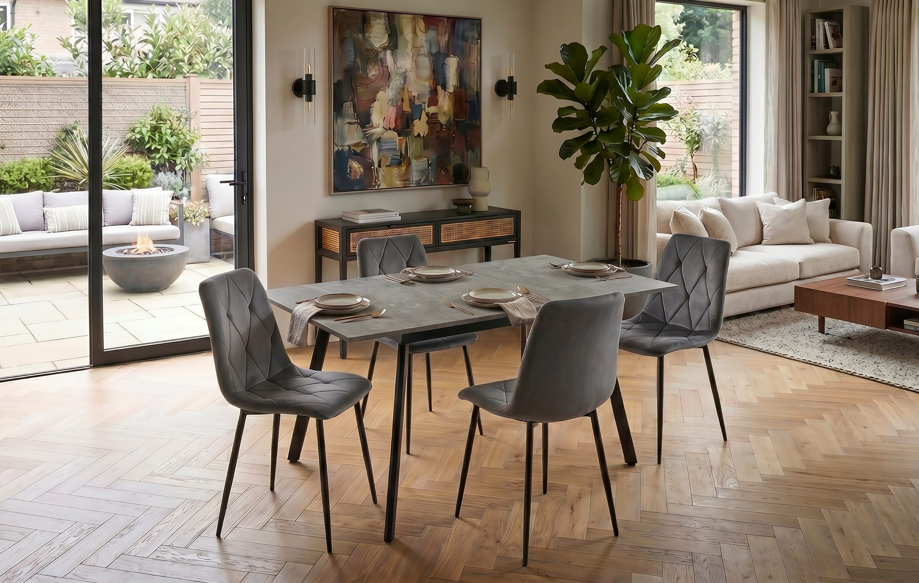 B&D home Essgruppe Mara & Vicka, (Set, 5-tlg., 1 Tisch / 4 Stühle), Esstisch ausziehbar bis 160cm für 4-6 Personen, Stühle in Samtstoff