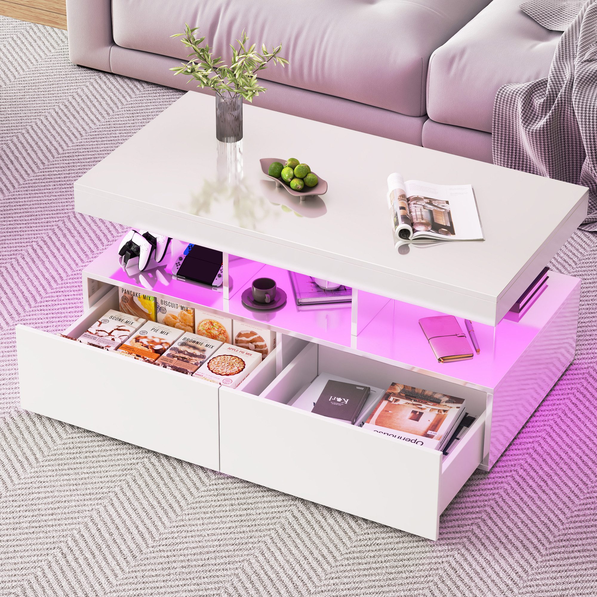PXloue Couchtisch LED-Couchtisch mit Stauraum und modernem Design (Hochglänzender), Praktischer Tisch mit Schubladen und integrierter Beleuchtung