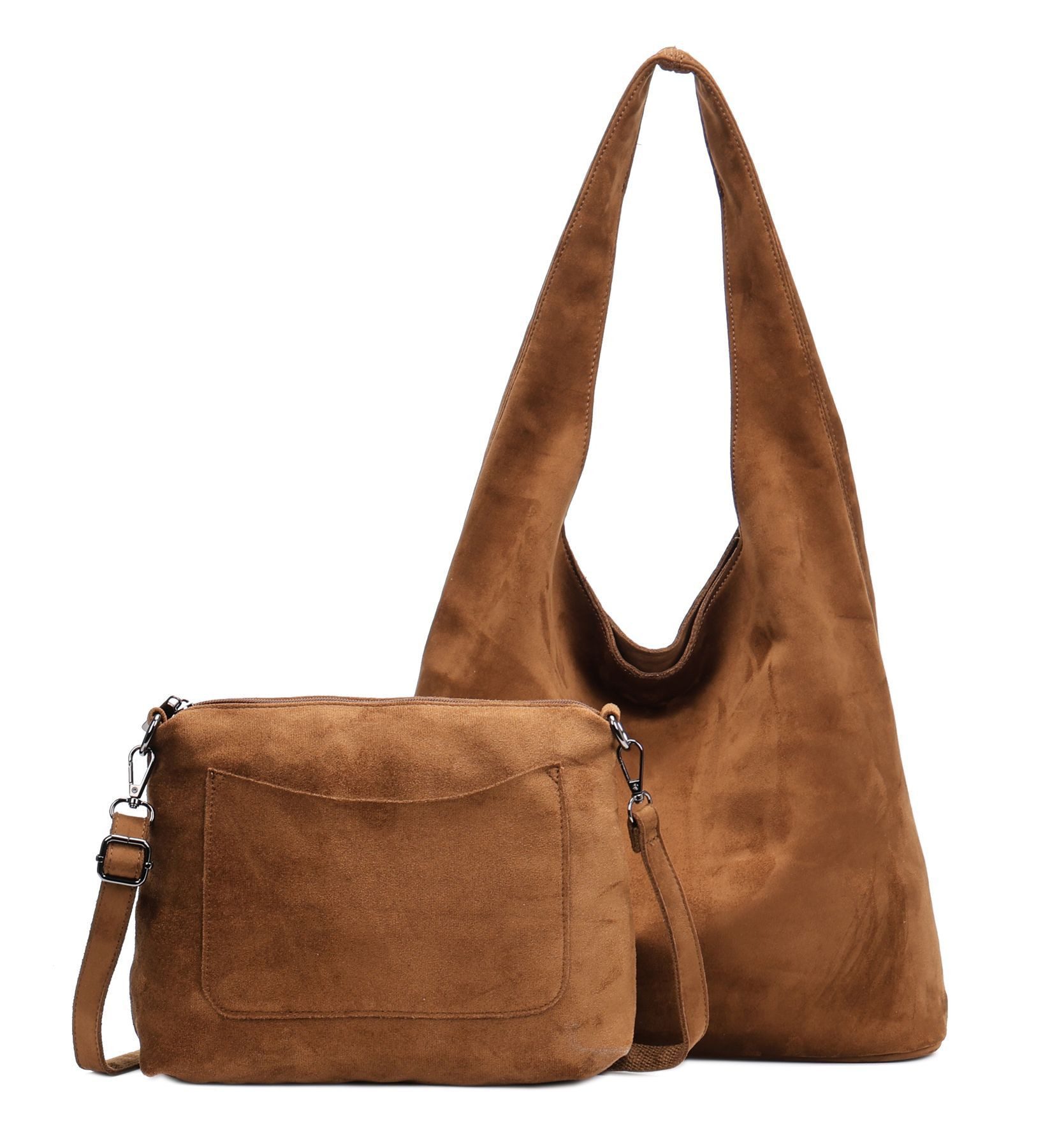 ITALYSHOP24 Schultertasche Damen Tasche Set 2in1 Shopper Handtasche Crossbody Velours CrossOver (Spar-Set 2 in1 Hobo + Crossbody Bag / Schmucktasche, Leichtgewicht, Wildleder Optik), Hobo Bag Umhängetasche Body Bag Beuteltasche Workbag Freizeit Urlaub