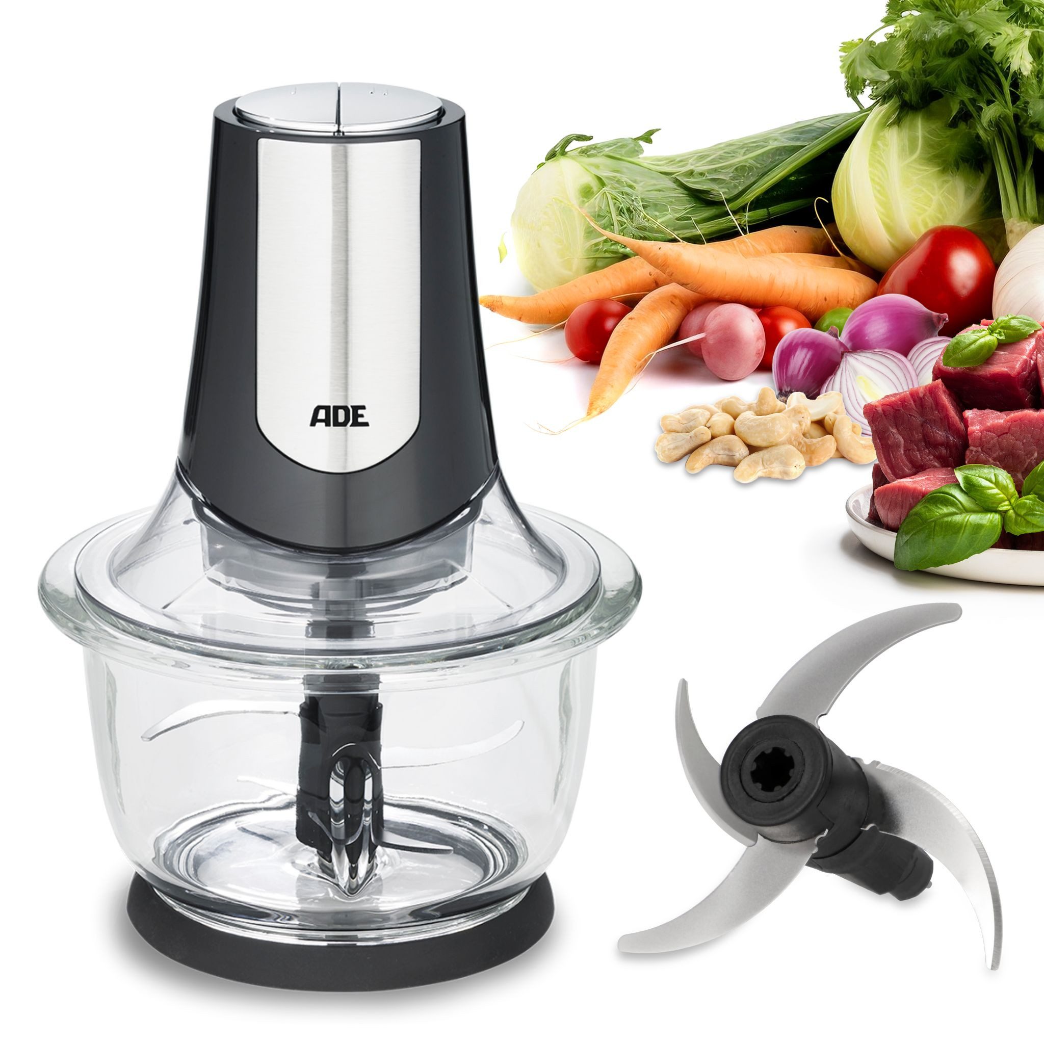 ADE Режущие инструменты elektrisch 500 W, Gemüseschneider, Multizerkleinerer, Zwiebelschneider, kraftvoller Motor, große 1,2 L Glasschüssel, 4 Schneidemesser