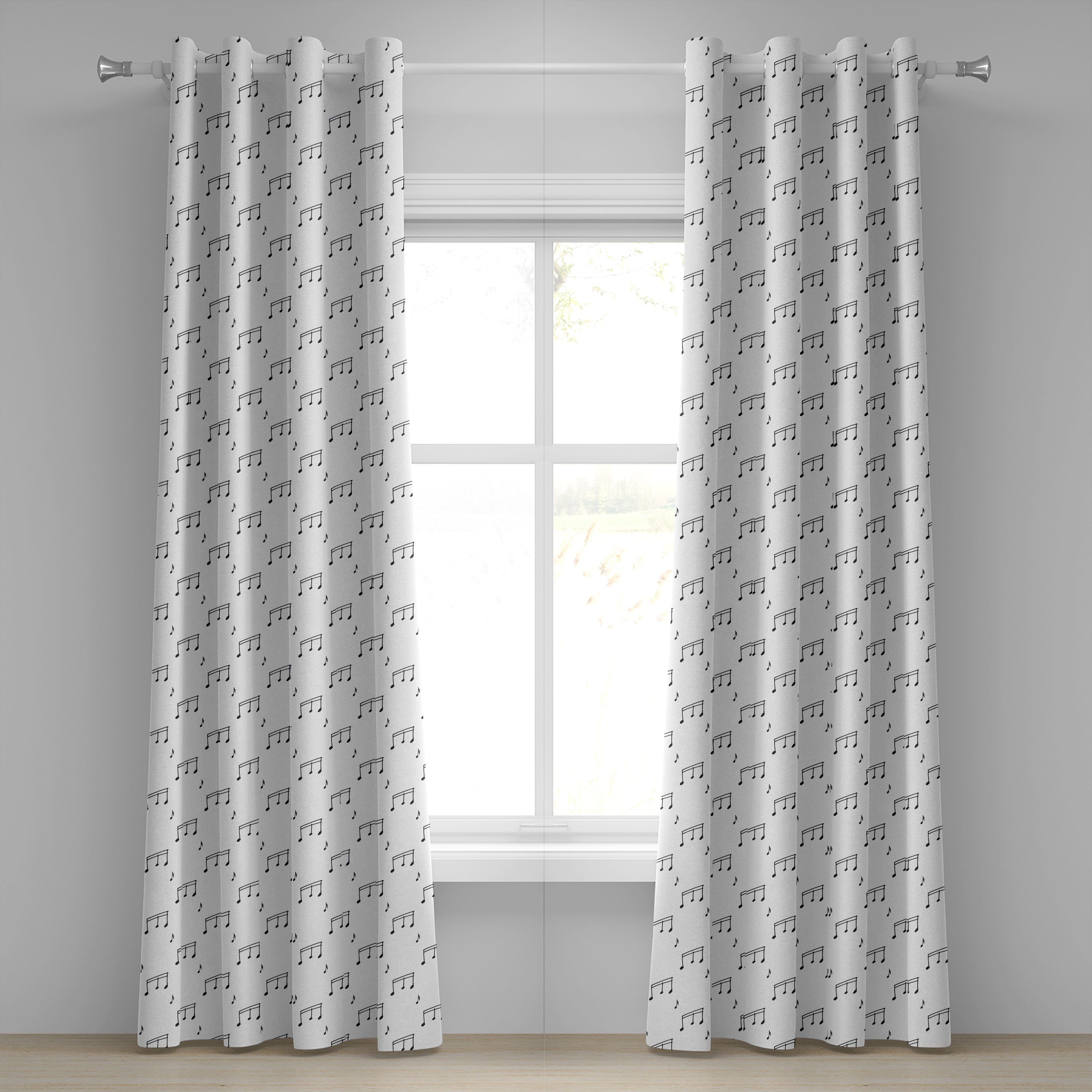 Gardine Dekorative 2-Panel-Fenstervorhänge für Schlafzimmer Wohnzimmer, Abakuhaus, Schwarz und weiß Musiknoten