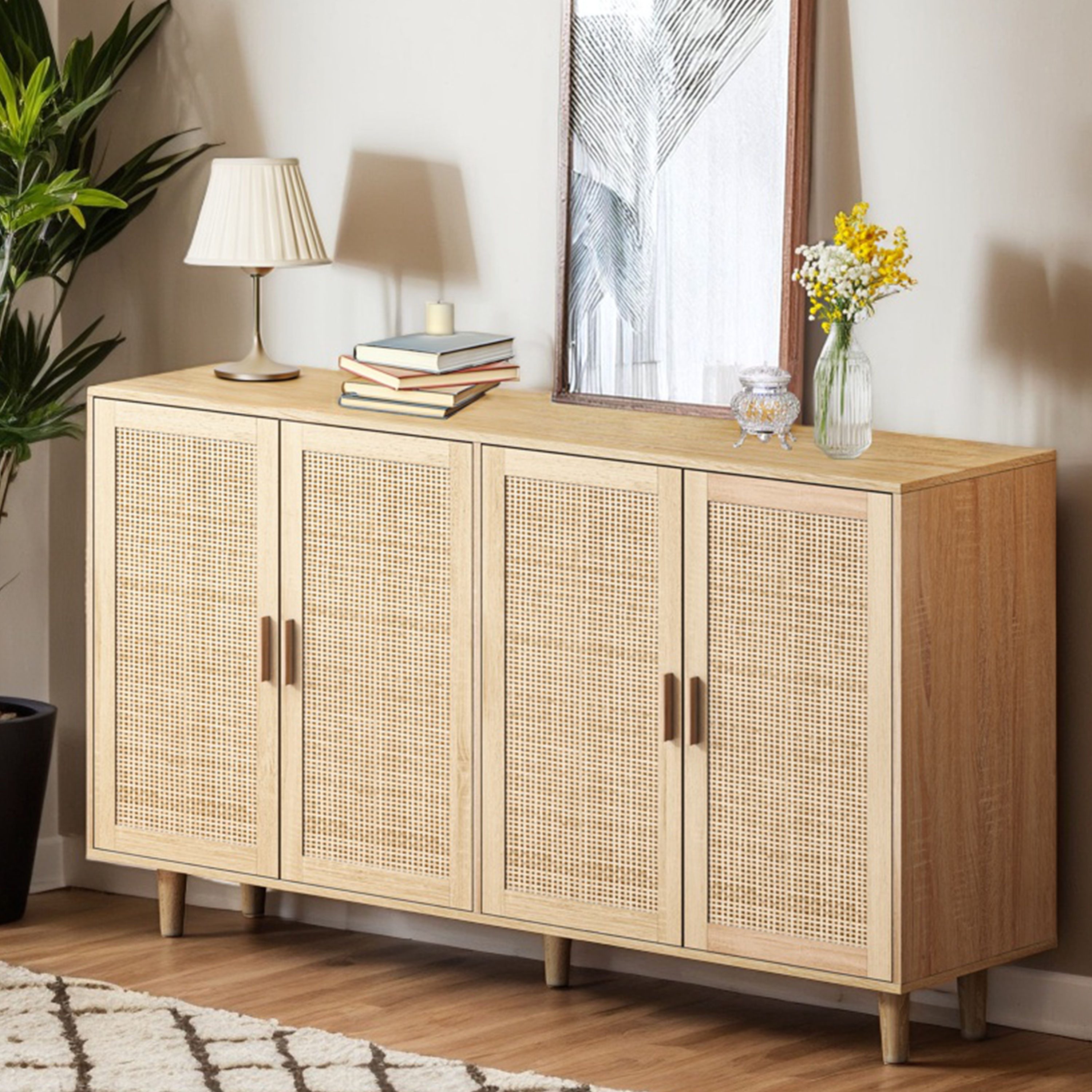 Odikalo Sideboard Kommode mit 4 Rattan - Türen Natur/Schwarz (158CM Eleganter und funktioneller 4-türiger Rattan Schrank für Schlafzimmer, Wohnzimmer)