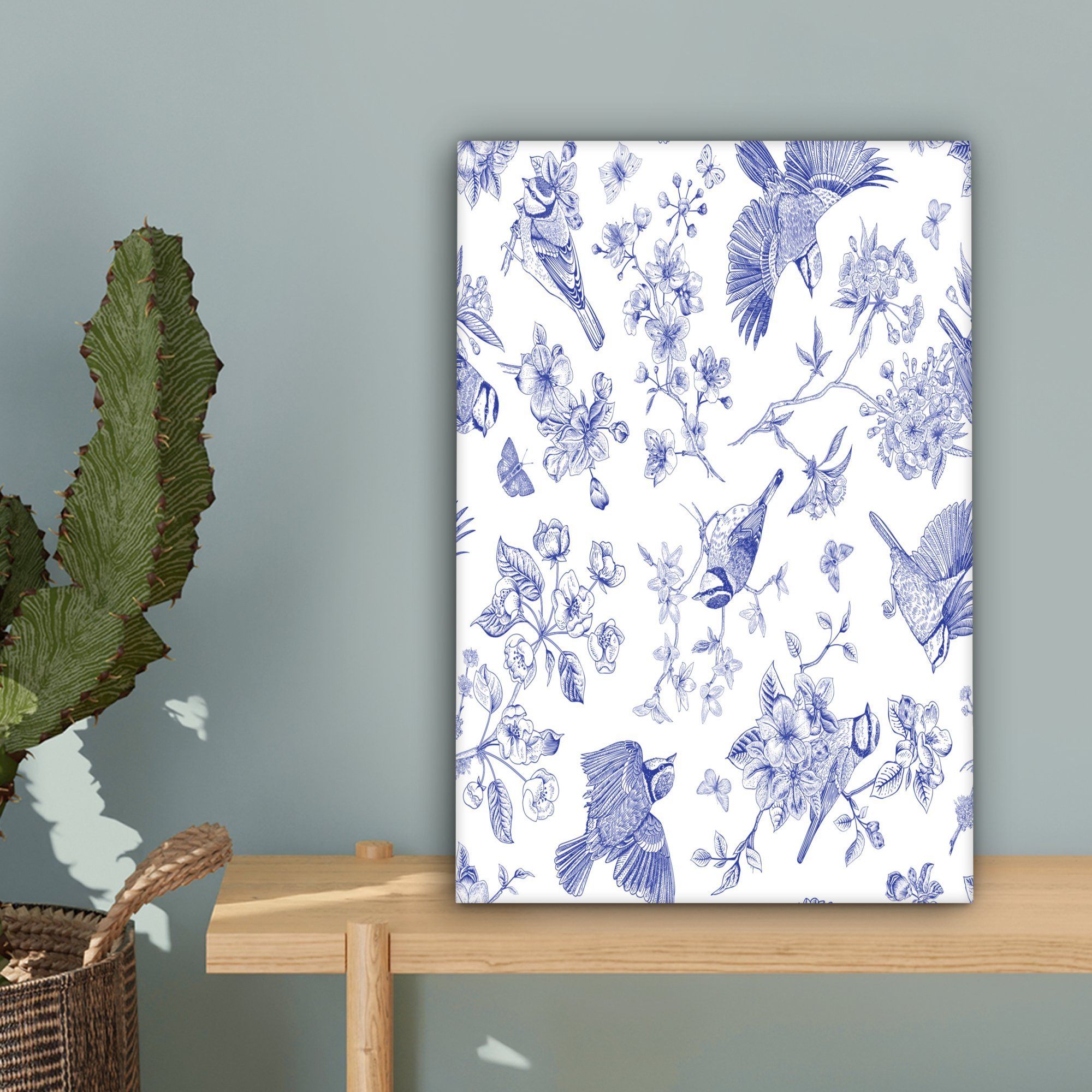 20x30 inkl. bespannt - (1 cm Blau, Leinwandbild Blumen Zackenaufhänger, - OneMillionCanvasses® Leinwandbild fertig Vögel St), Gemälde,