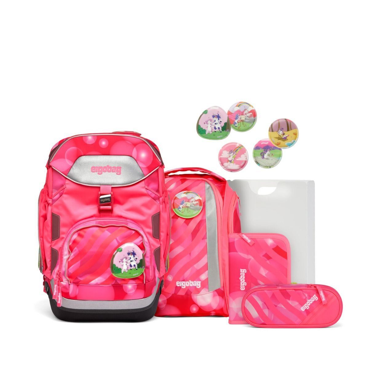 ergobag Schulrucksack Pack (6tlg., inkl. Sportrucksack, Schlamperrolle, Federmäppchen, Heftebox, Kletties)