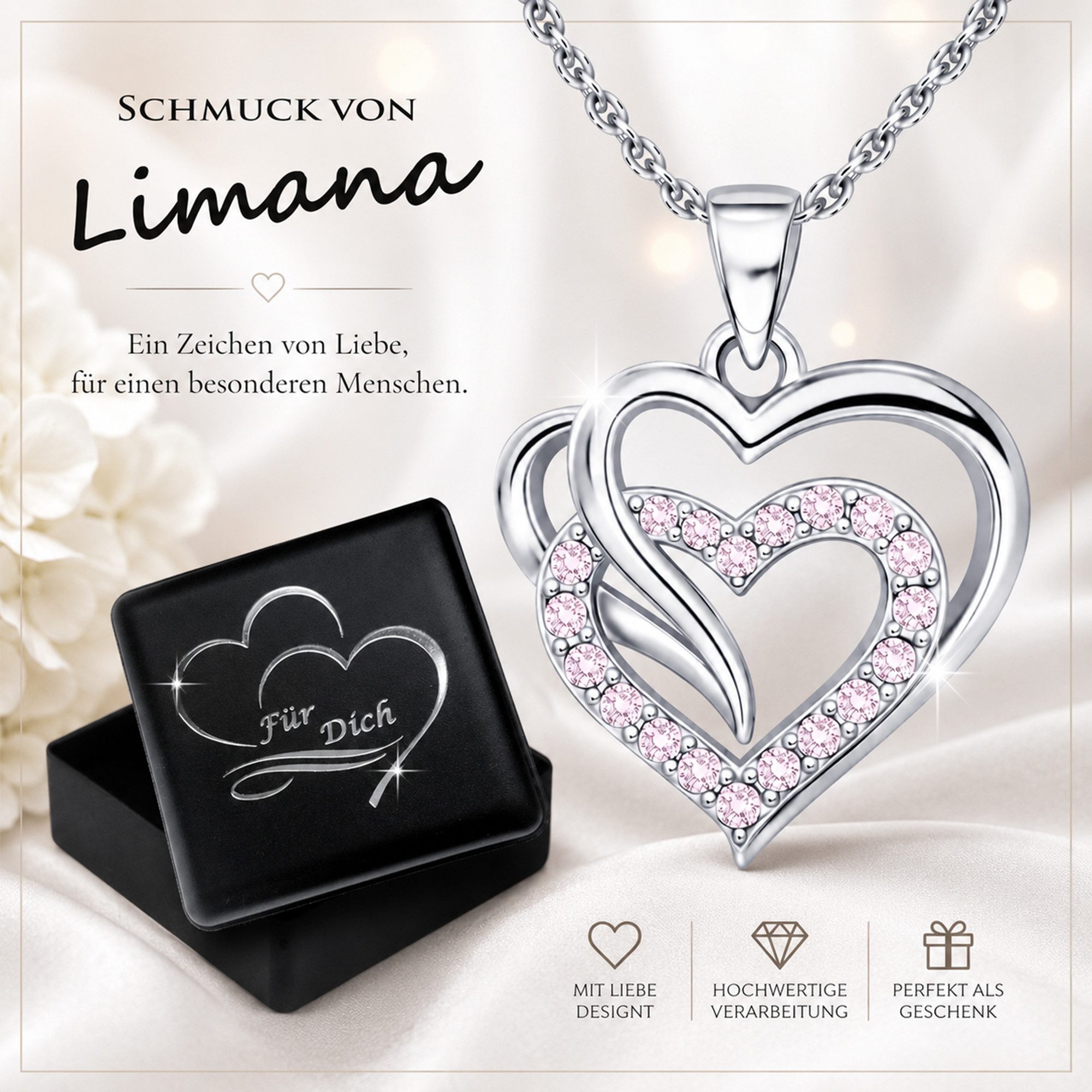 Limana Herzkette Doppelherz Schmuck Damen 925 Silber Kette mit Anhänger - Geschenk (für Frau Freundin Mama, inkl. Schmuckdose), Geburtstag Jahrestag Hochzeitstag Valentinstag Weihnachten