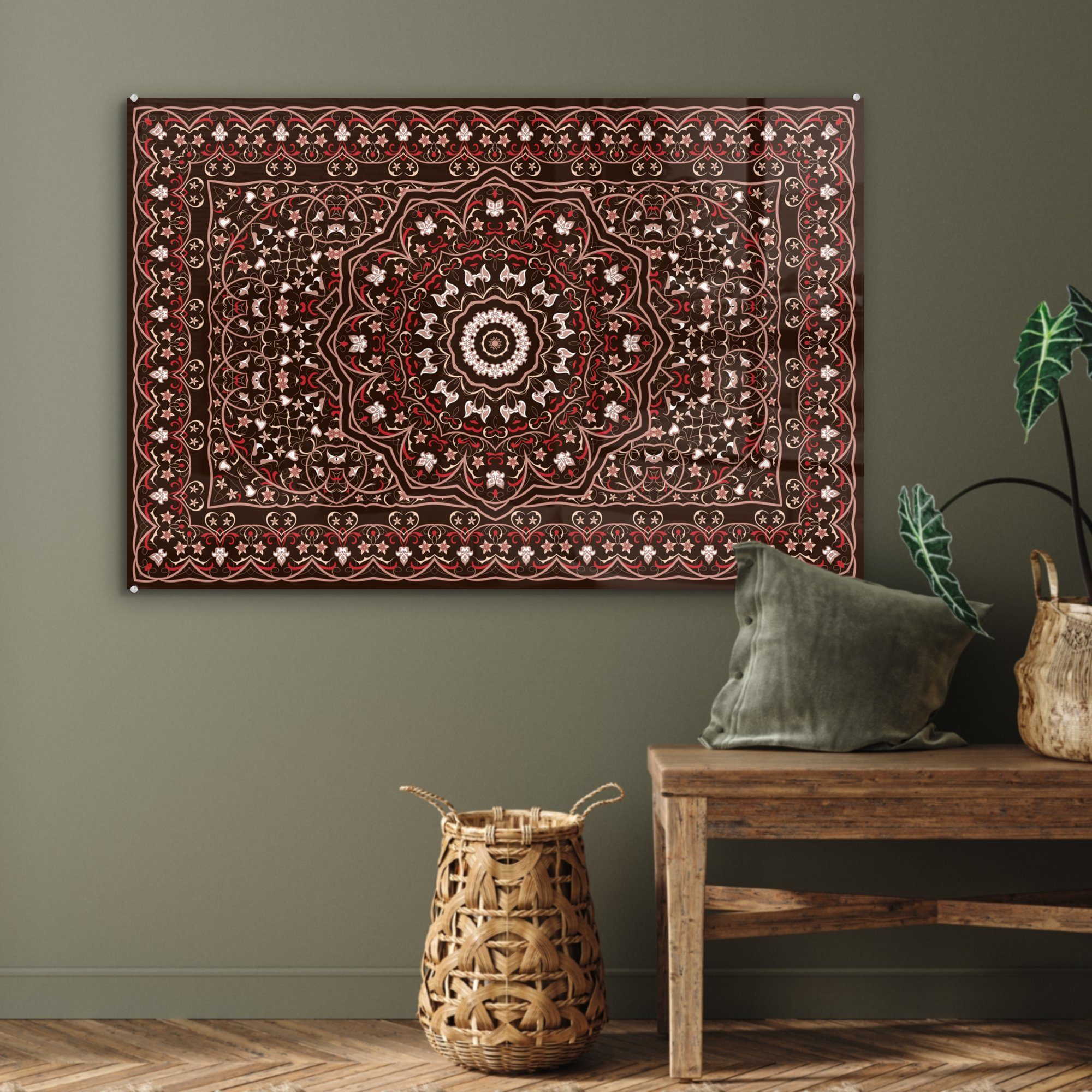 Acrylglasbild - (1 Mandala - St), Rot, Wohnzimmer Muster Teppich - Acrylglasbilder & MuchoWow Schlafzimmer