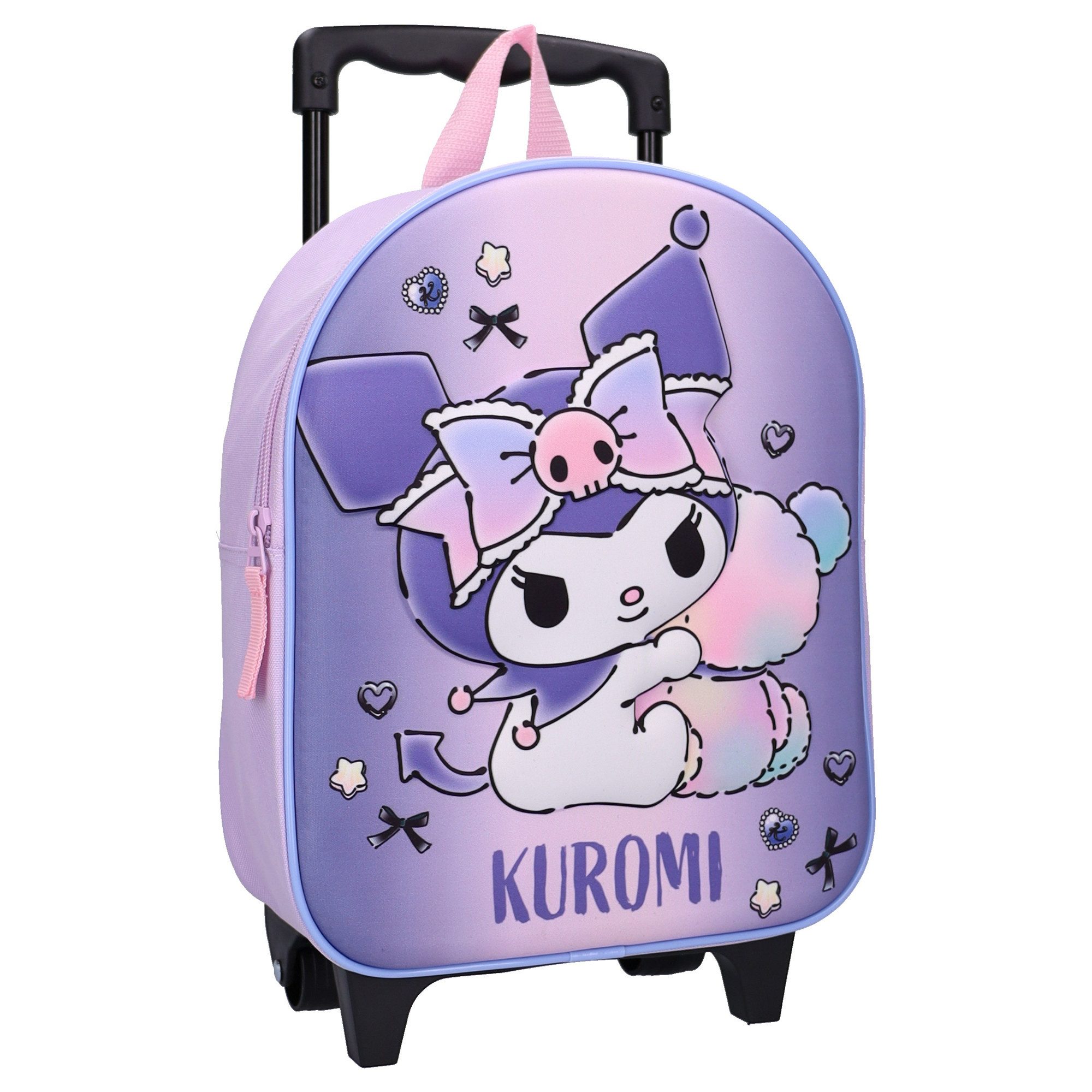 SANRIO Rucksack Kuromi Trolley Rucksack 3D Schulrucksack Reisetasche mit Ziehgriff