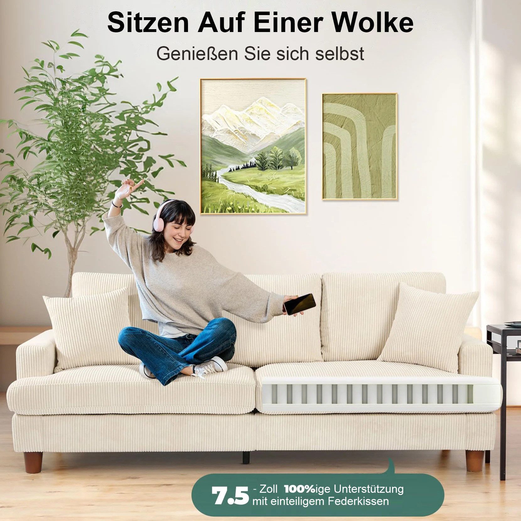 ToteBox 3-Sitzer Bequeme Cord Loveseat Sofa mit Federkissen für Wohnzimmer, Büro Couch