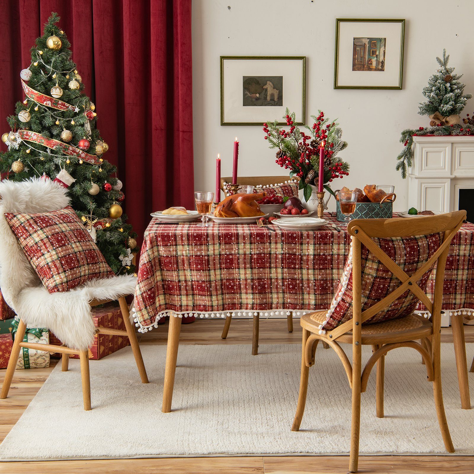 Rosnek Kissenbezug Schneeflocke Pompon, kariert, für Tisch- und Stuhldeko z günstig online kaufen