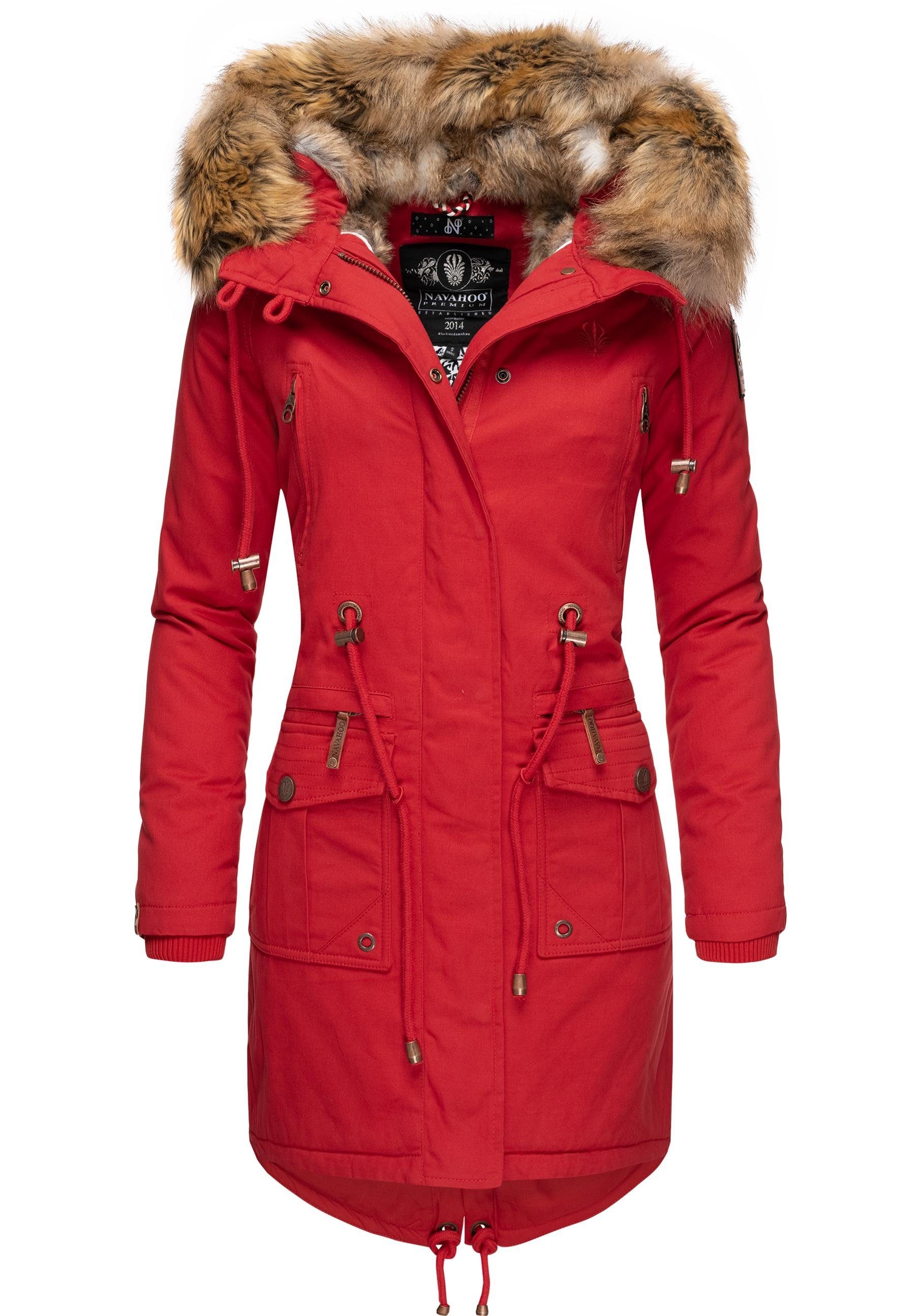 Navahoo Wintermantel Rosinchen stylischer Damen Winter Baumwollparka mit Kunstfell rot