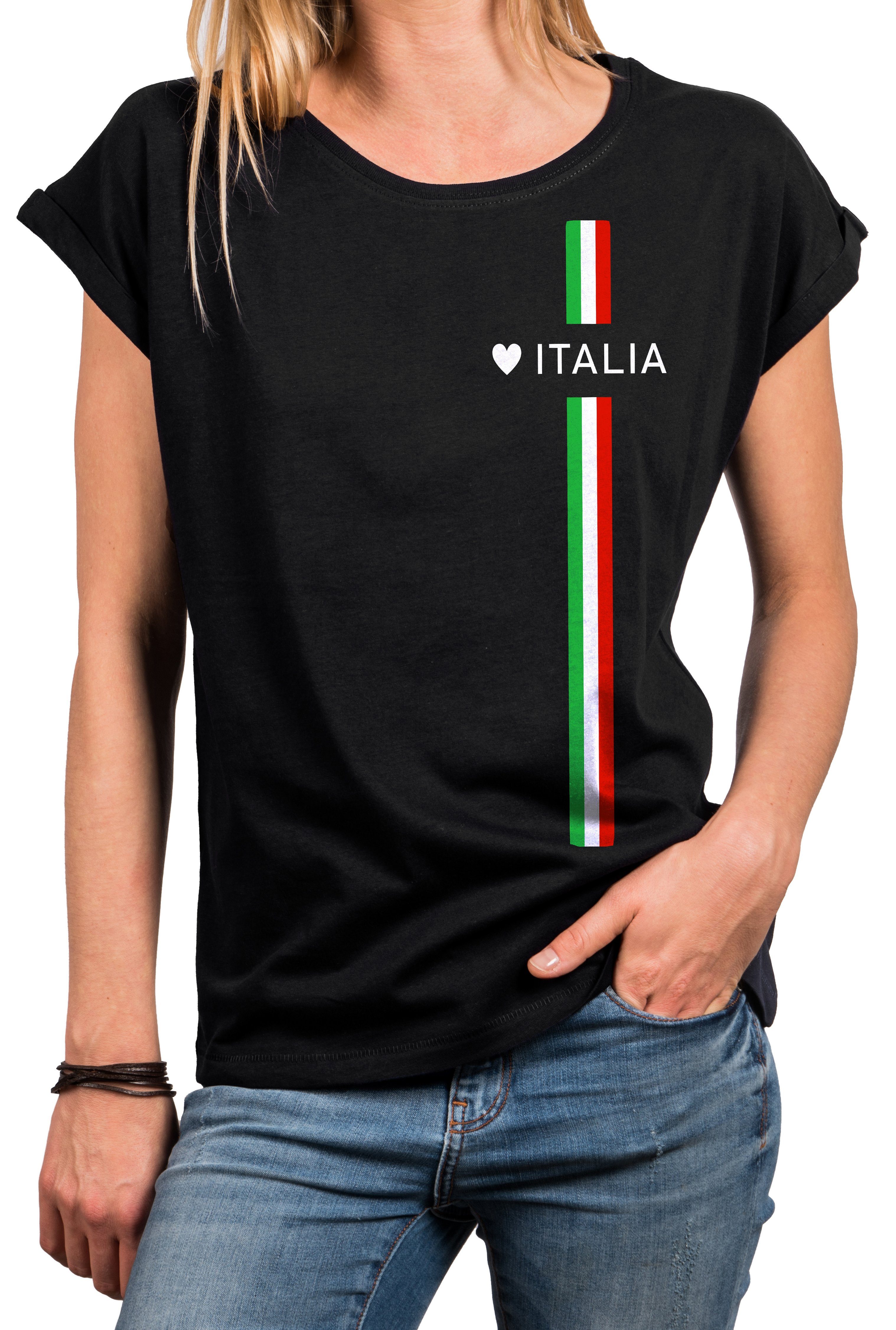MAKAYA Print-Shirt Damen Italienische Mode Italia Top Italien Trikot Herz Italiano Style Kurzarmshirt, mit Druck Schwarz