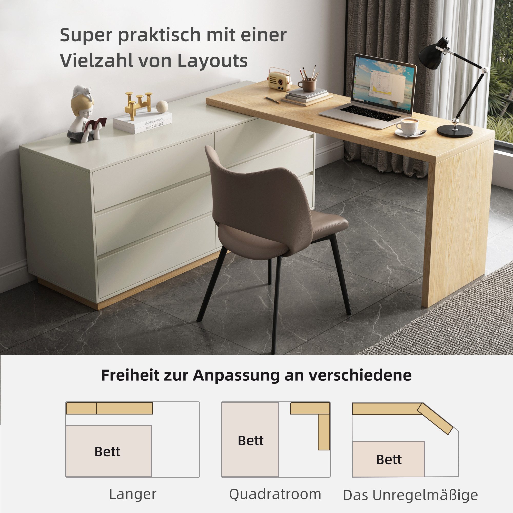 oleyluckidea Schreibtisch ausziehbar mit 6 Schubladen,eckschreibtisch,computertisch 140×50×75cm (ein Tisch), Breite 140 cm – Bild 5 von 5