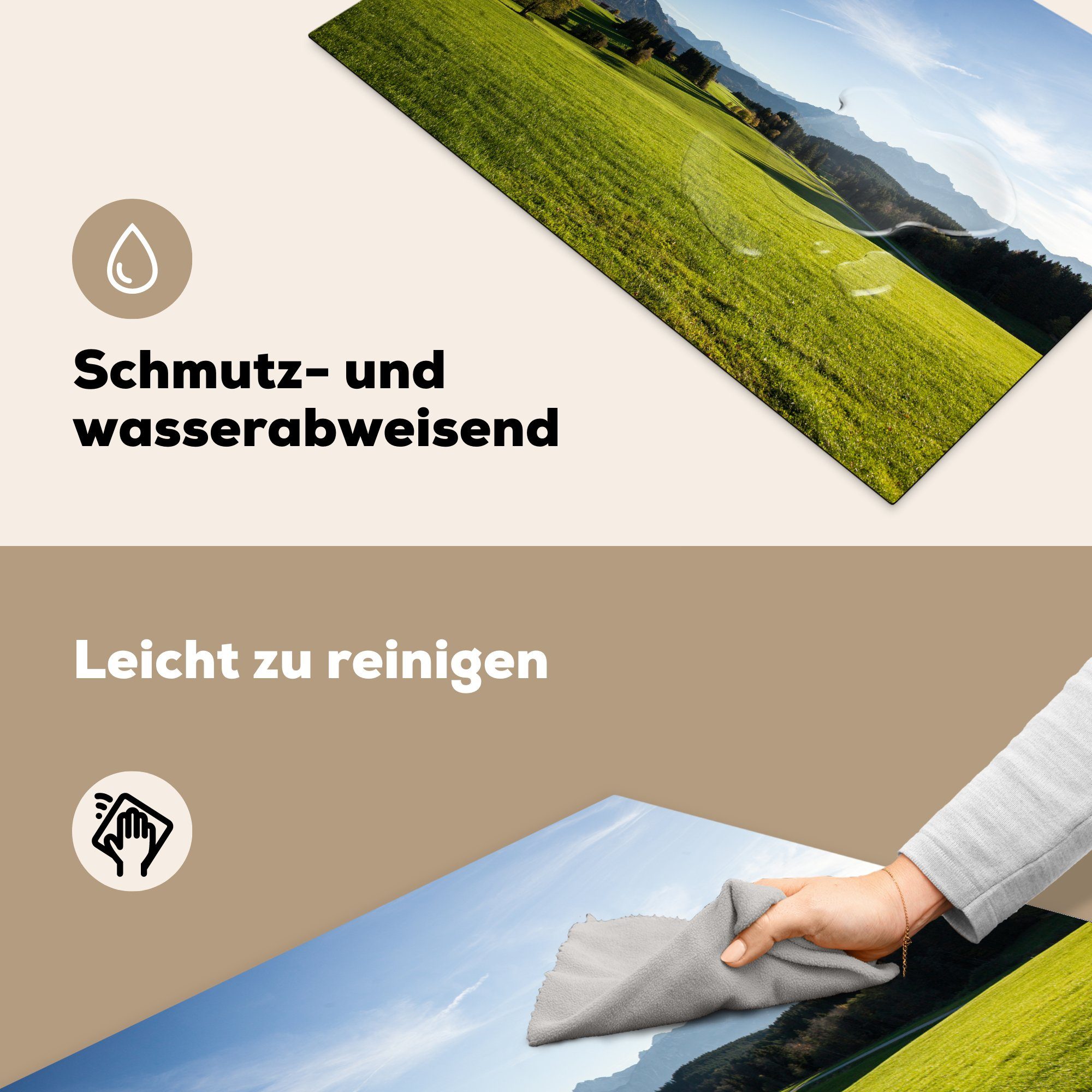 die Herdblende-/Abdeckplatte Gras - Induktionskochfeld (1 - Ceranfeldabdeckung Vinyl, Alpen Bäume, 81x52 küche, tlg), MuchoWow cm, für Schutz