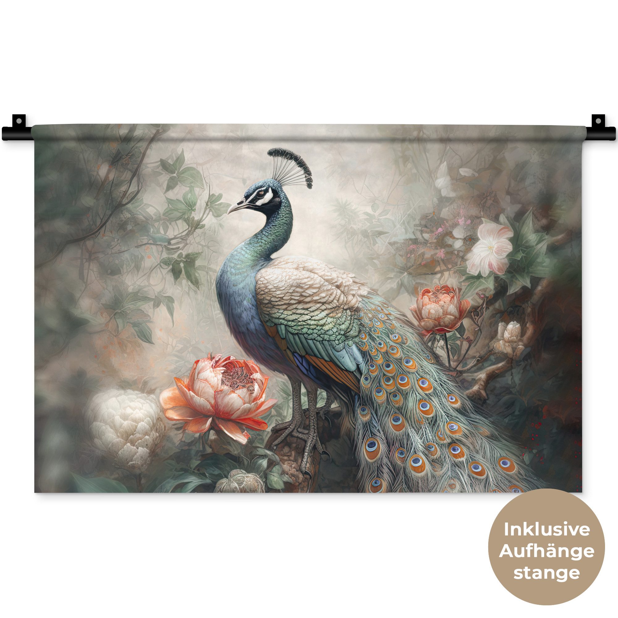 MuchoWow Wandteppich Pfau - Pfauenfedern - Vogel - Dschungel - Blumen, Rechteckig, Höhe: 3 mm, Wandteppich für Wohnzimmer, Schlafzimmer, 60x40 cm