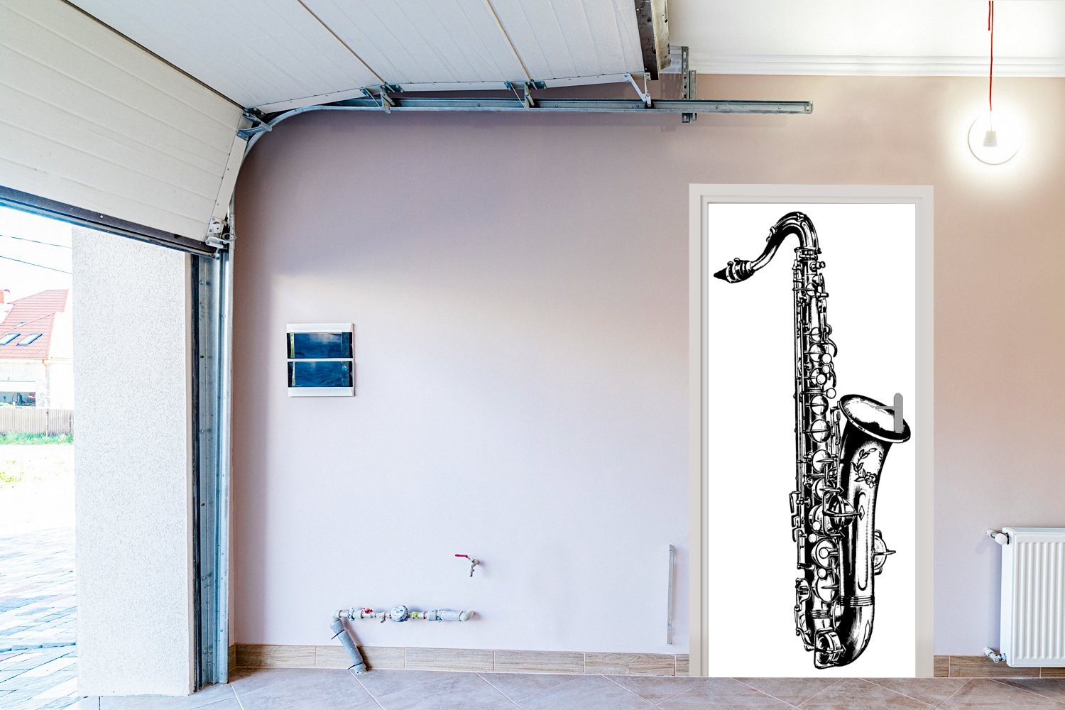 Illustration schwarz-weiß, Türaufkleber, Saxophons in 75x205 cm Matt, MuchoWow (1 für Detaillierte eines Türtapete bedruckt, St), Fototapete Tür,