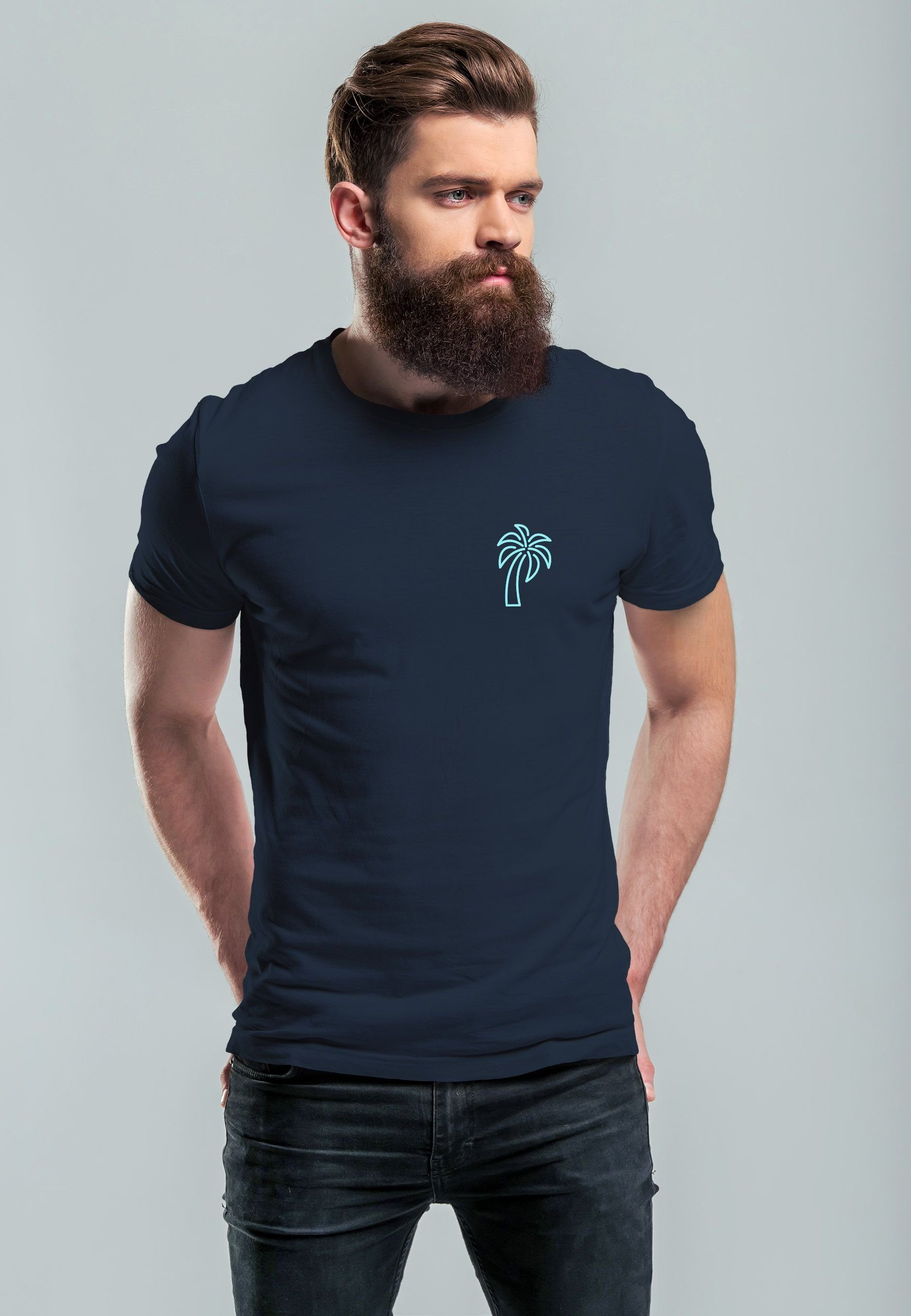 Art F Palme Herren Neverless navy-blau Print mit Logo Sommer Badge Line Minimal Print-Shirt Emblem Print T-Shirt