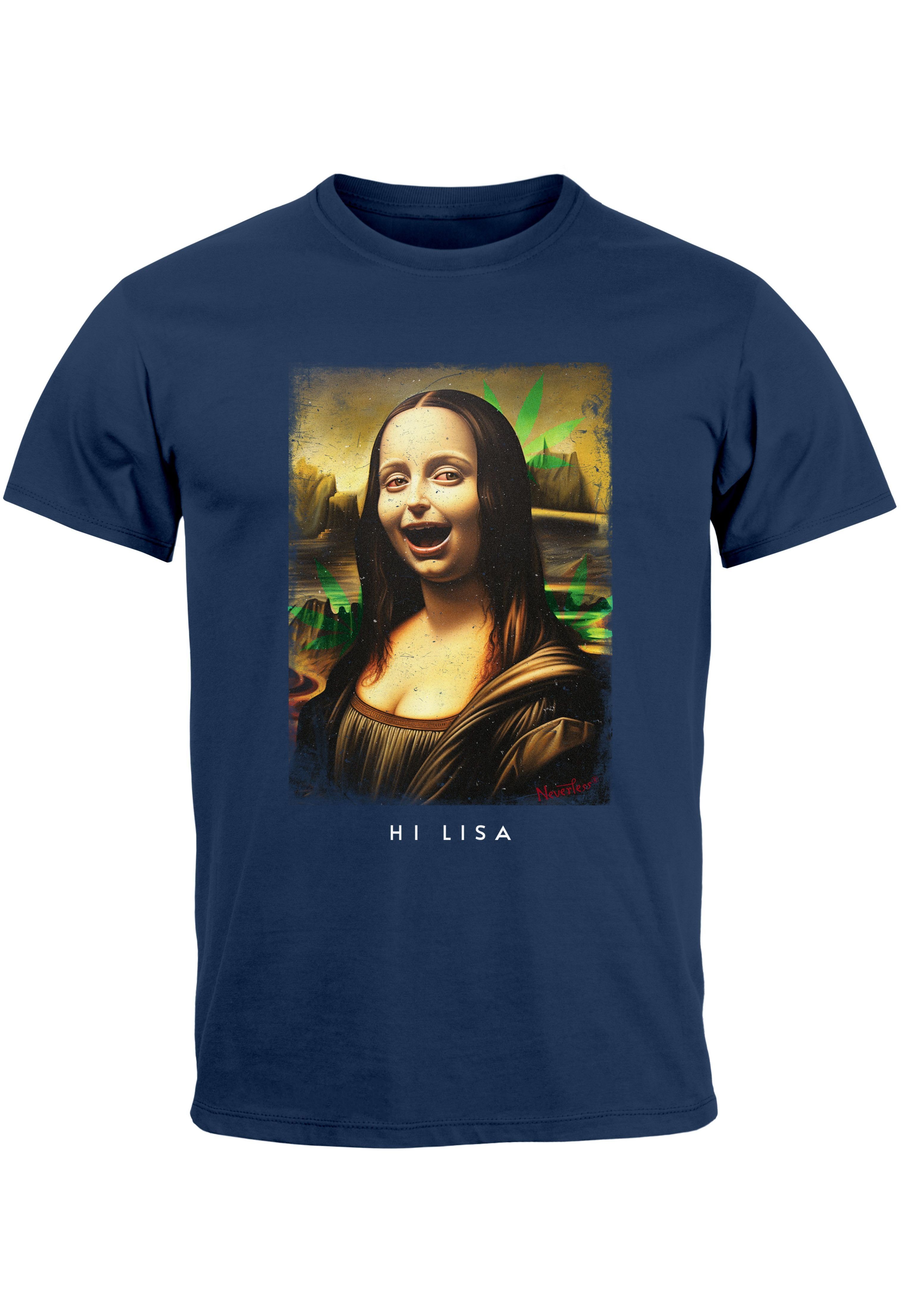 MoonWorks Print-Shirt Herren T-Shirt Print Aufdruck Mona Lisa Parodie Meme Kapuzen-Pullover mit Print Stona Lisa navy | T-Shirts