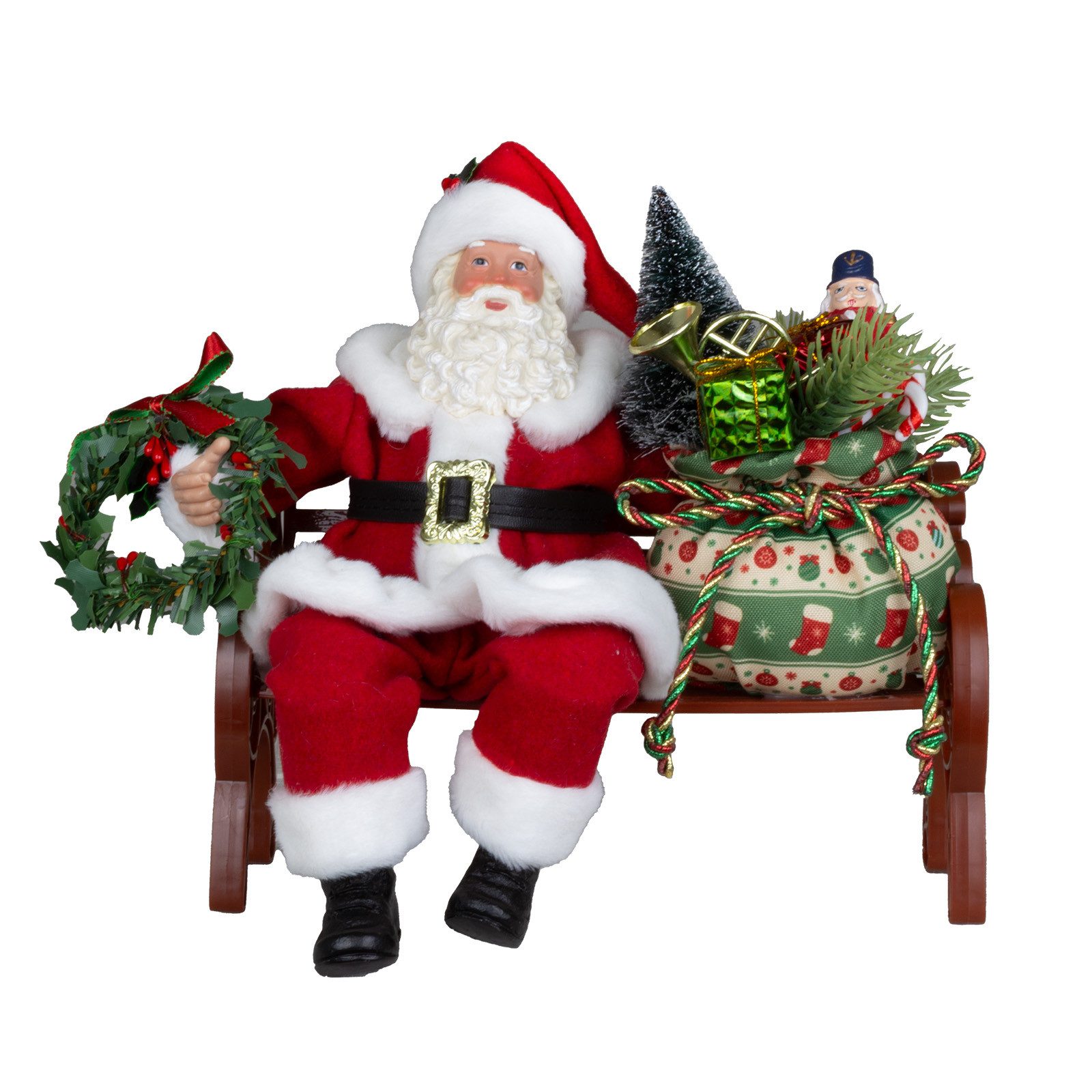 Christmas Paradise Weihnachtsmann sitzend 28cm auf Bank (Santa, 1 St., Weihnachtsdeko), mit buntem Geschenkesack und Weihnachtskranz