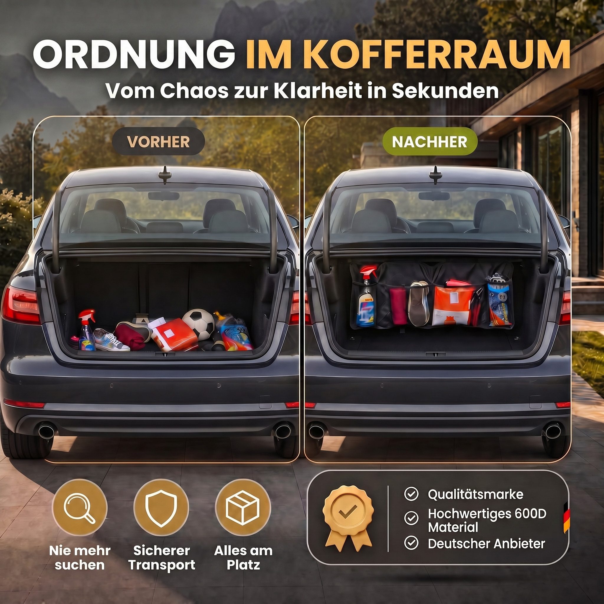 Goods+Gadgets Auto-Rückenlehnentasche Goods & Gadgets AutoKofferraum Organizer Tasche-Auto Tasche für Reisen (Autotasche, Werkzeugtasche), Universelle Kofferraumtasche