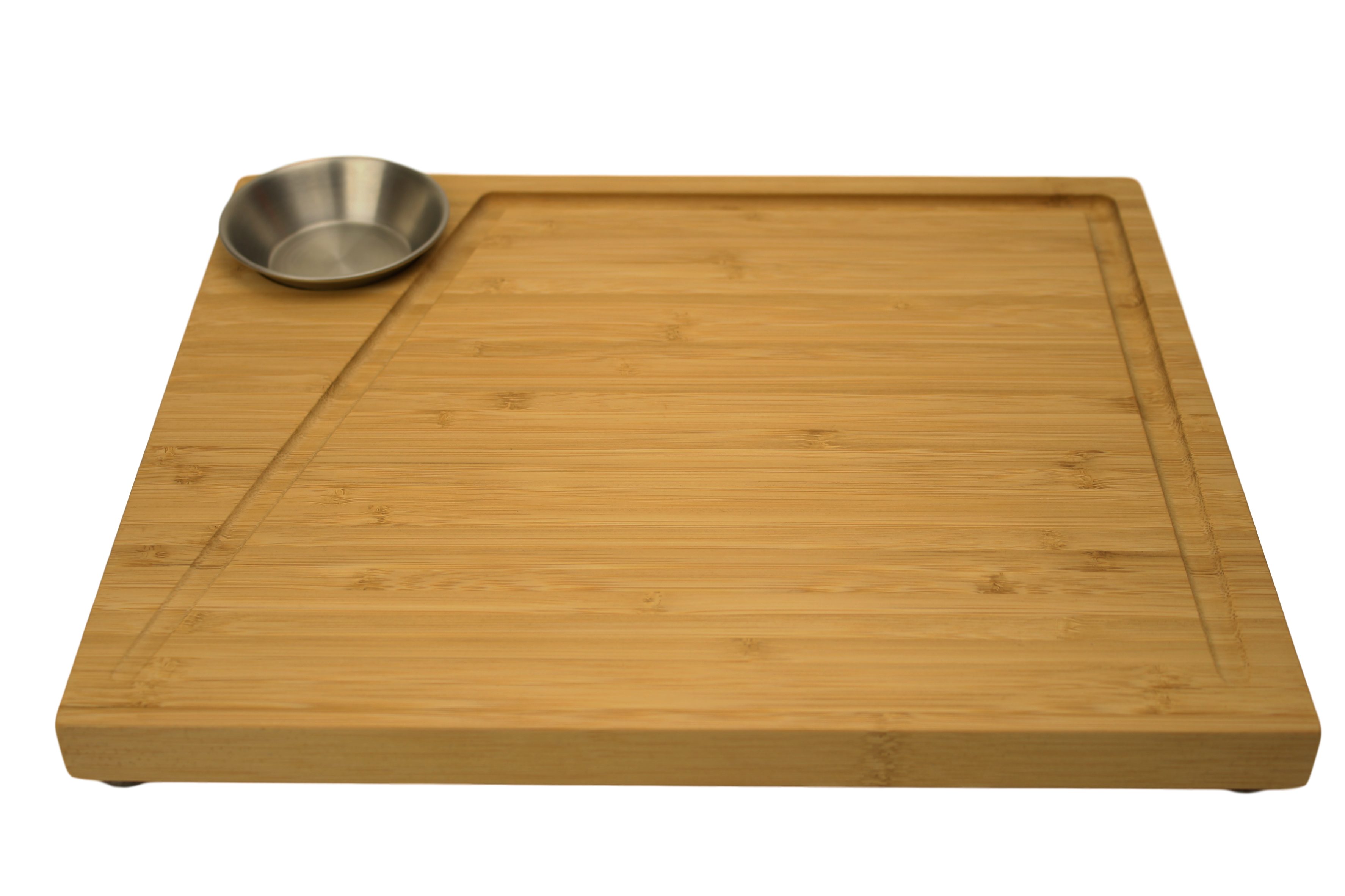 Steakteller Steakbrett mit Saftrille aus Bambus und Soßenbehälter - 30 x 25 x 3cm