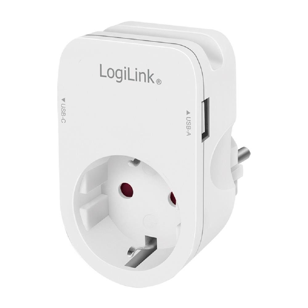 LogiLink Steckdose Steckdosenadapter mit Ablegehalterung, 1-St., CEE 7/3, USB-A USB-C Anschlüsse, IP20 Schutz, Smartphone Ablagefläche