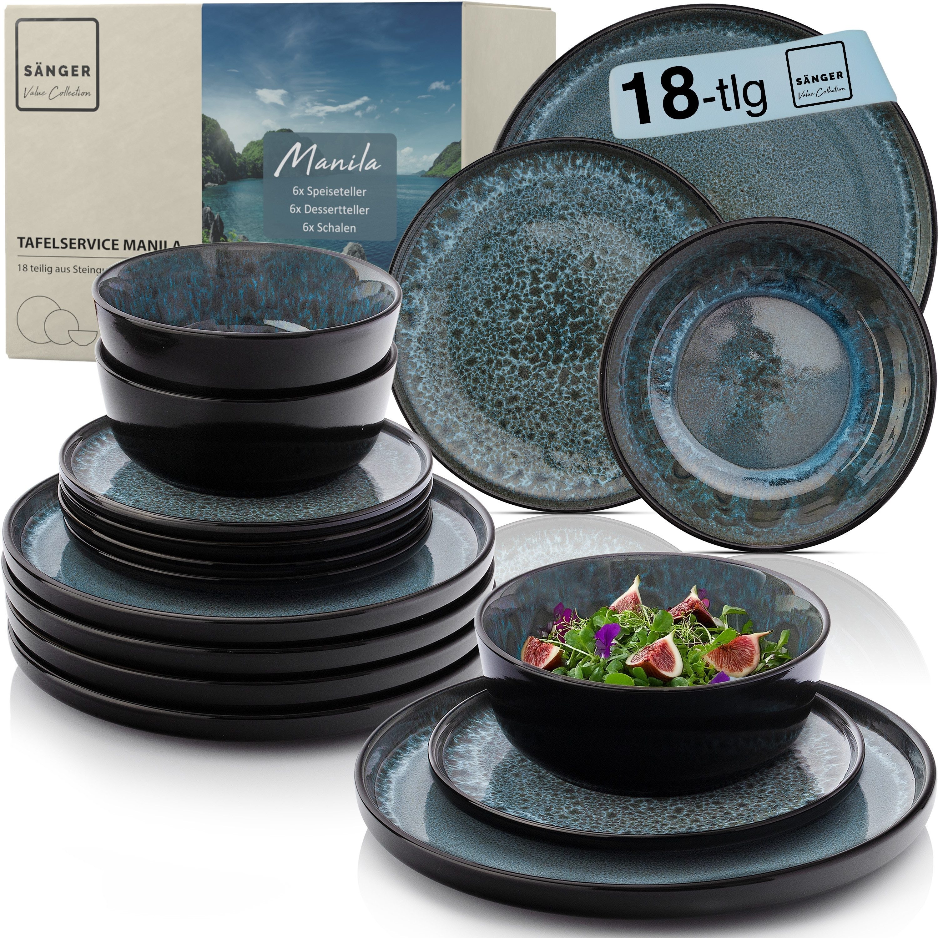 SÄNGER Tafelservice Manila Geschirrset (18-tlg), 6 Personen, Steingut, Blau-Schwarz, Handmade, Erweiterbar, VALUE COLLECTION