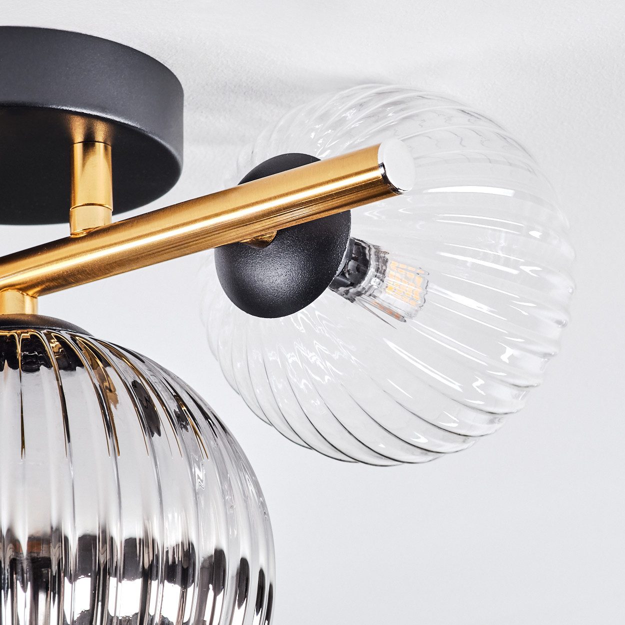 hofstein Deckenleuchte Deckenlampe aus Metall/Riffelglas in Schwarz/Gold/Rauch/Bernstein/Klar, ohne Leuchtmittel, Deckenleuchte im modernen Vintage-Design (Schirme Ø 12; 15 cm), 3 x G9